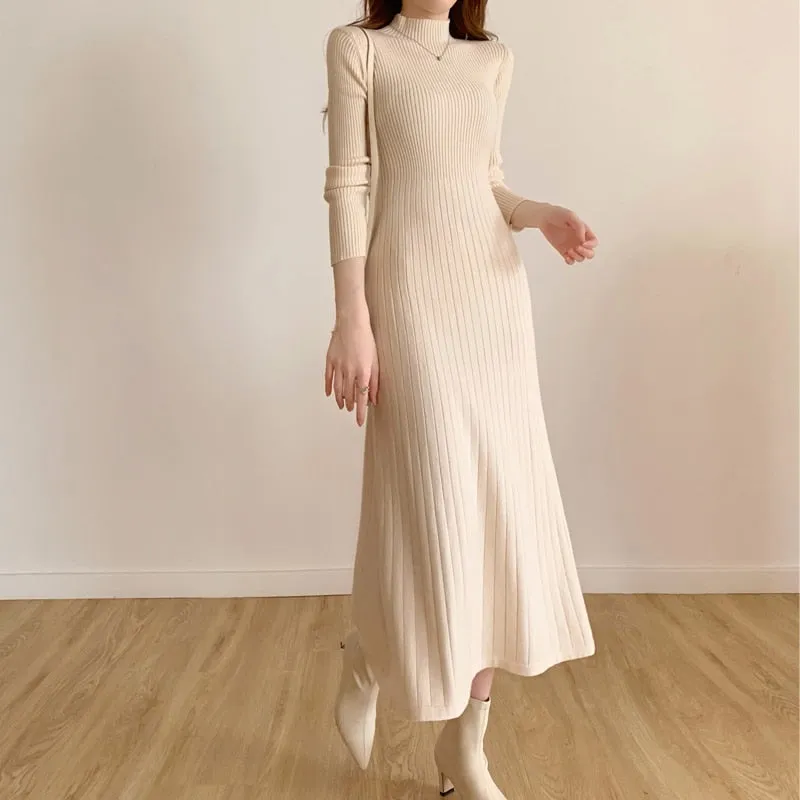 A line Long Sleeve Knitted Mid-calf Fashion Dress