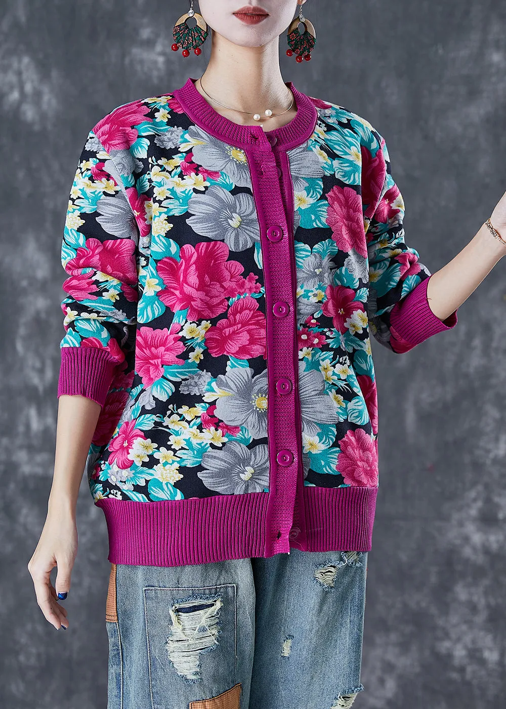 Art Rose Floral Print Thick Knit Sweaters Winter ML1837