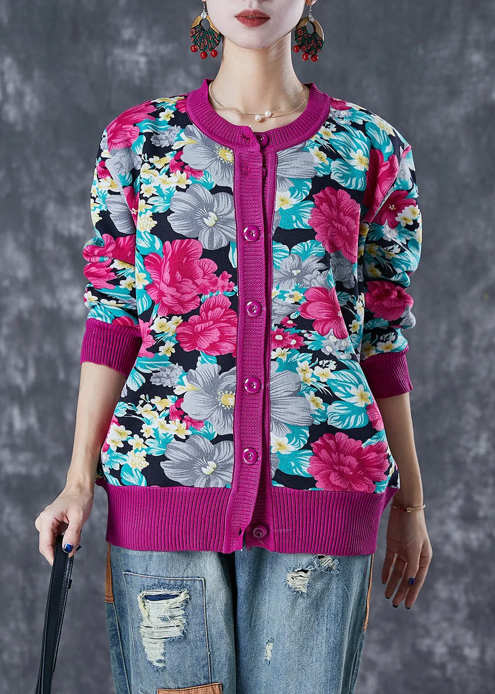 Art Rose Floral Print Thick Knit Sweaters Winter ML1837