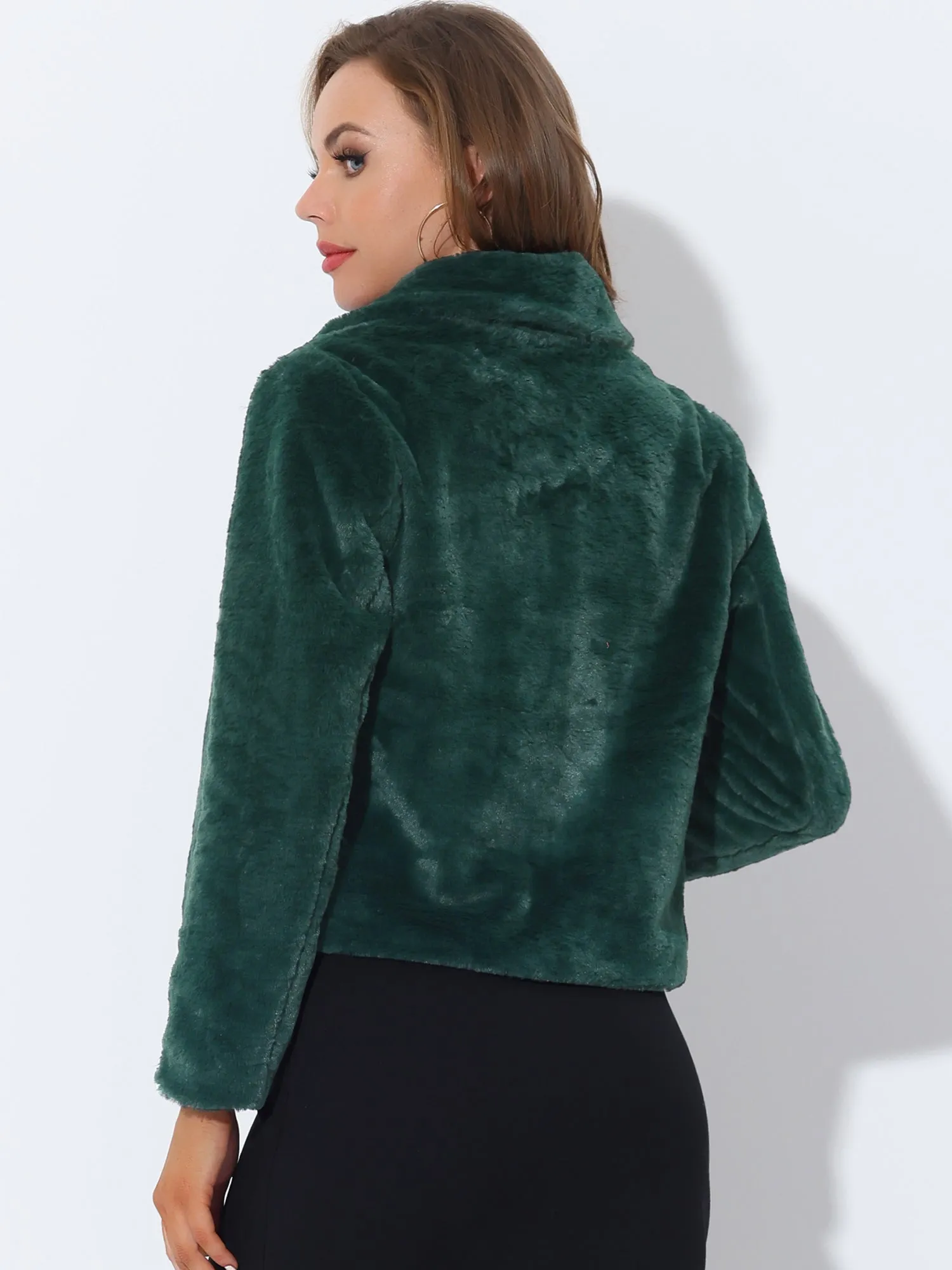 Autumn Winter Cropped Jacket Notch Lapel Faux Fur Fluffy Coat