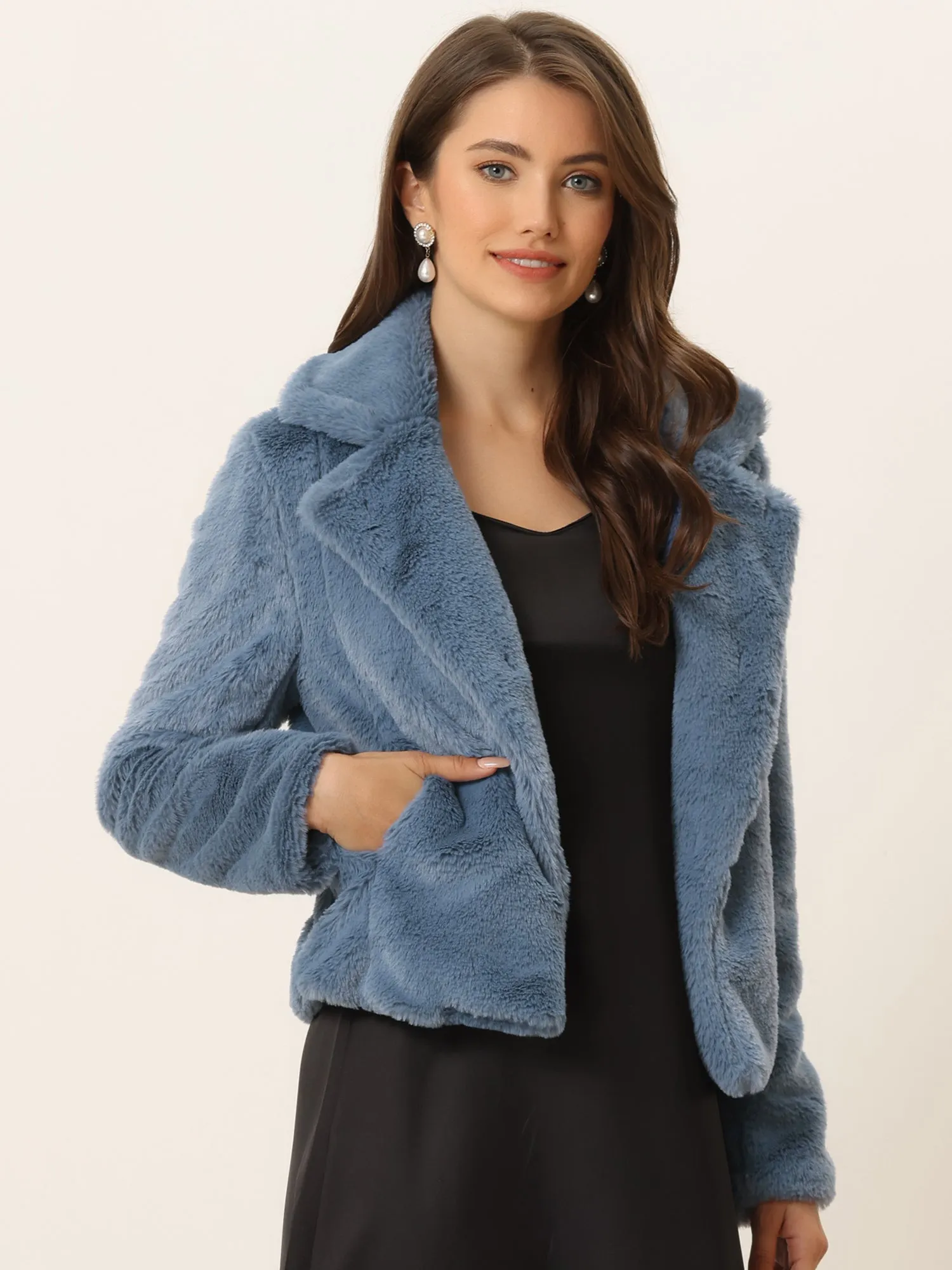 Autumn Winter Cropped Jacket Notch Lapel Faux Fur Fluffy Coat