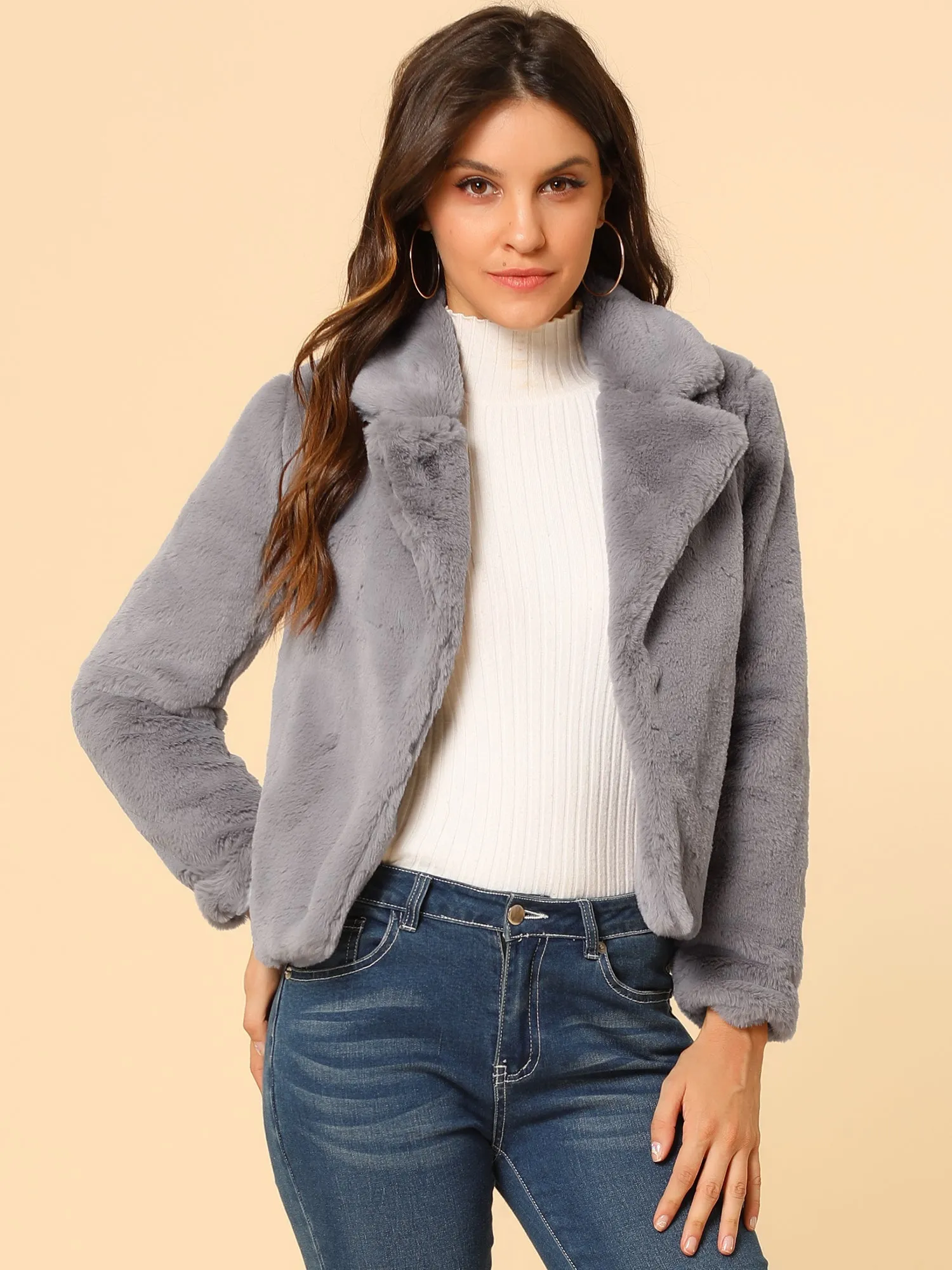 Autumn Winter Cropped Jacket Notch Lapel Faux Fur Fluffy Coat