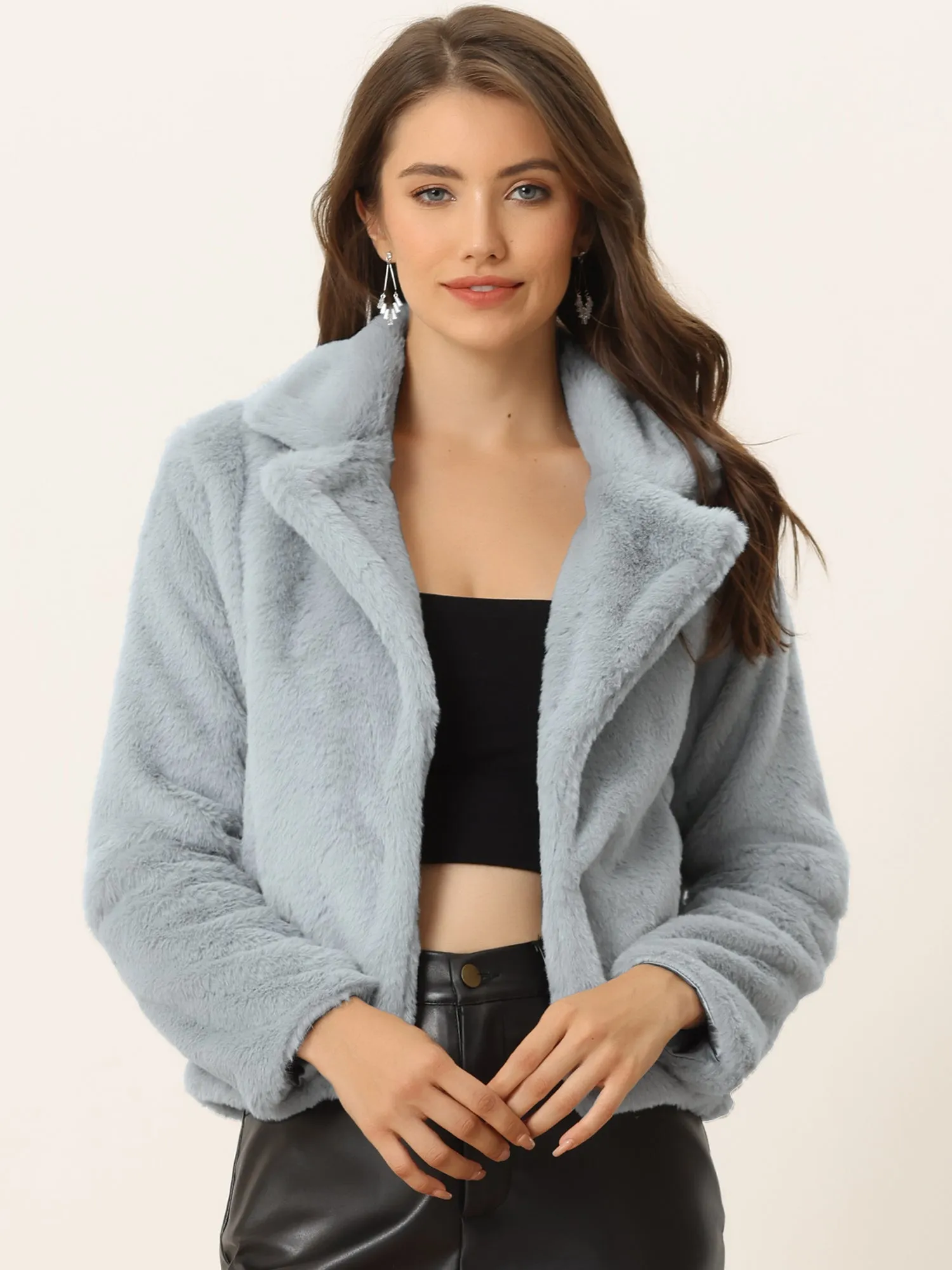 Autumn Winter Cropped Jacket Notch Lapel Faux Fur Fluffy Coat