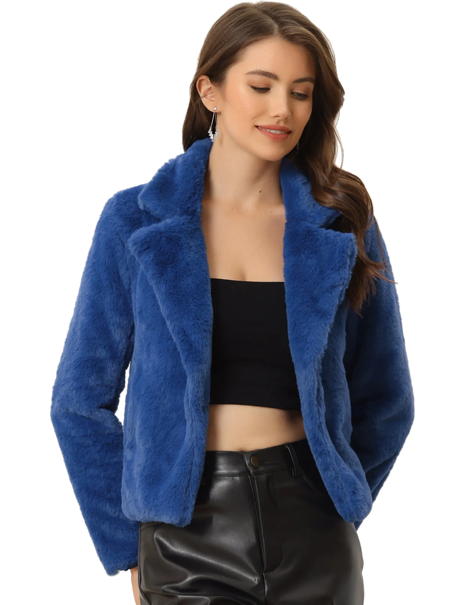 Autumn Winter Cropped Jacket Notch Lapel Faux Fur Fluffy Coat