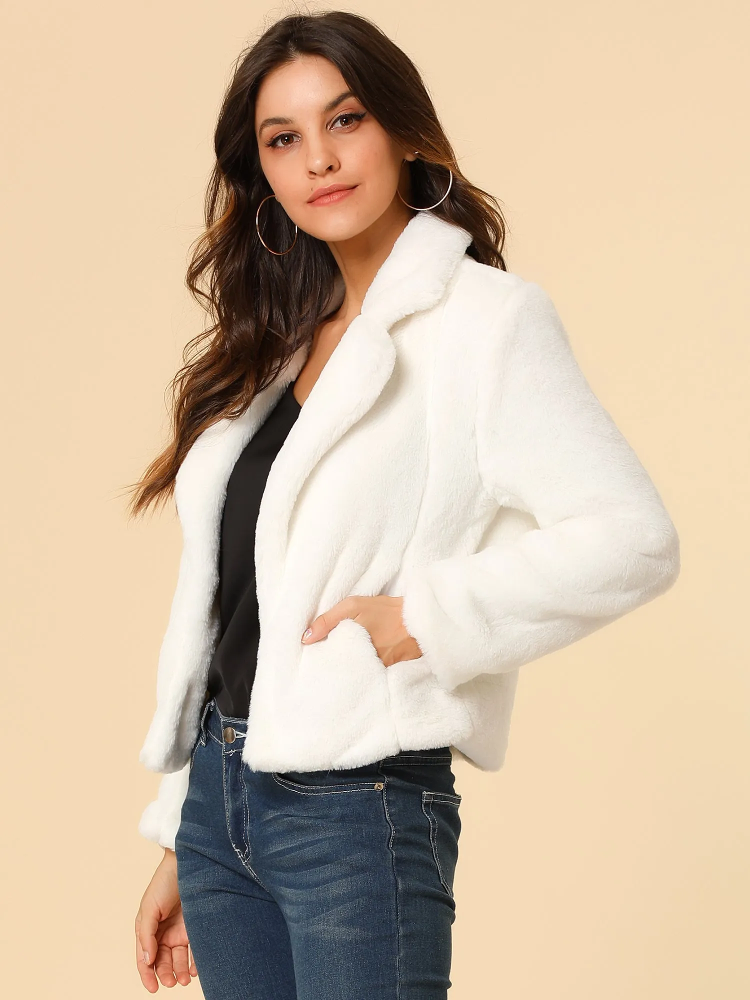 Autumn Winter Cropped Jacket Notch Lapel Faux Fur Fluffy Coat