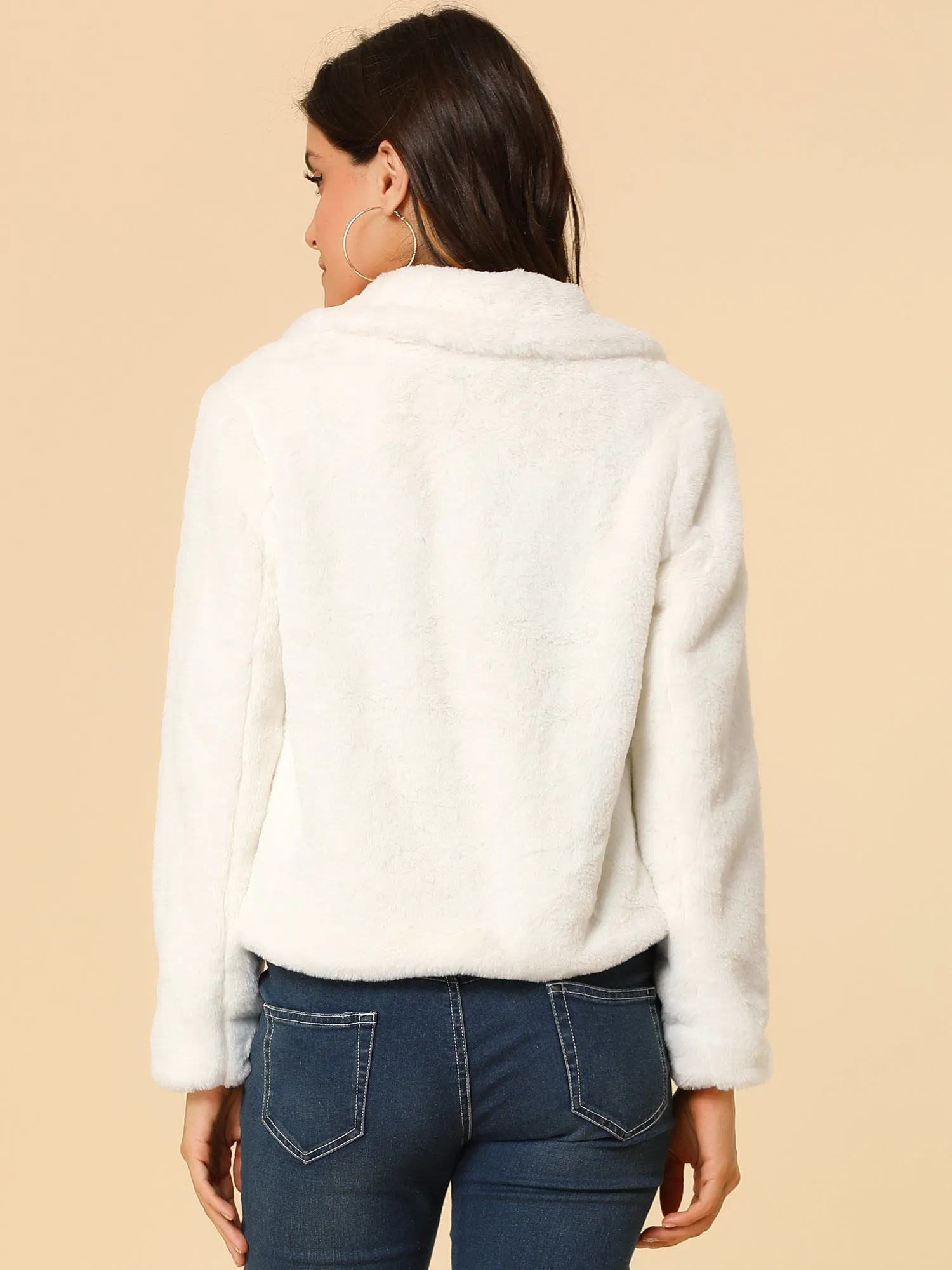 Autumn Winter Cropped Jacket Notch Lapel Faux Fur Fluffy Coat