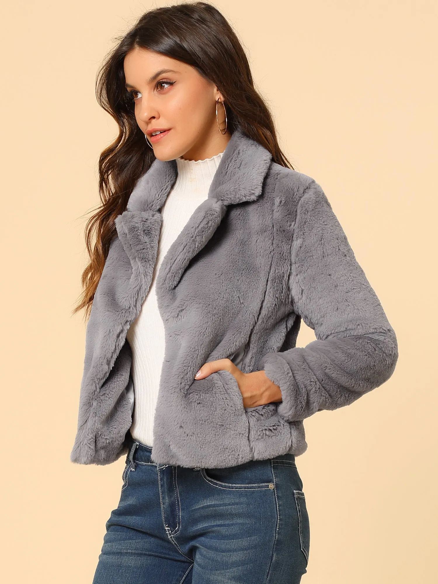 Autumn Winter Cropped Jacket Notch Lapel Faux Fur Fluffy Coat