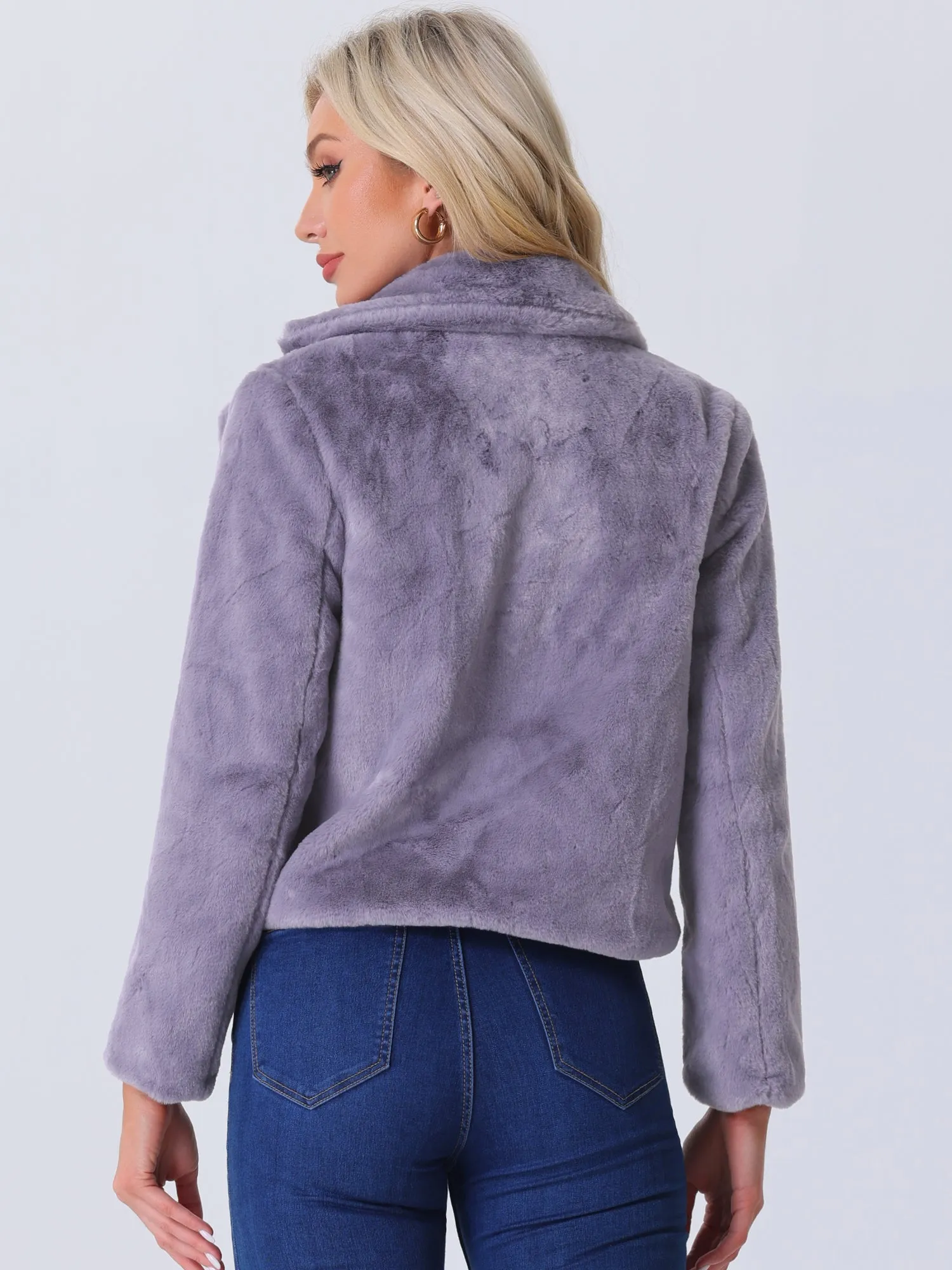 Autumn Winter Cropped Jacket Notch Lapel Faux Fur Fluffy Coat