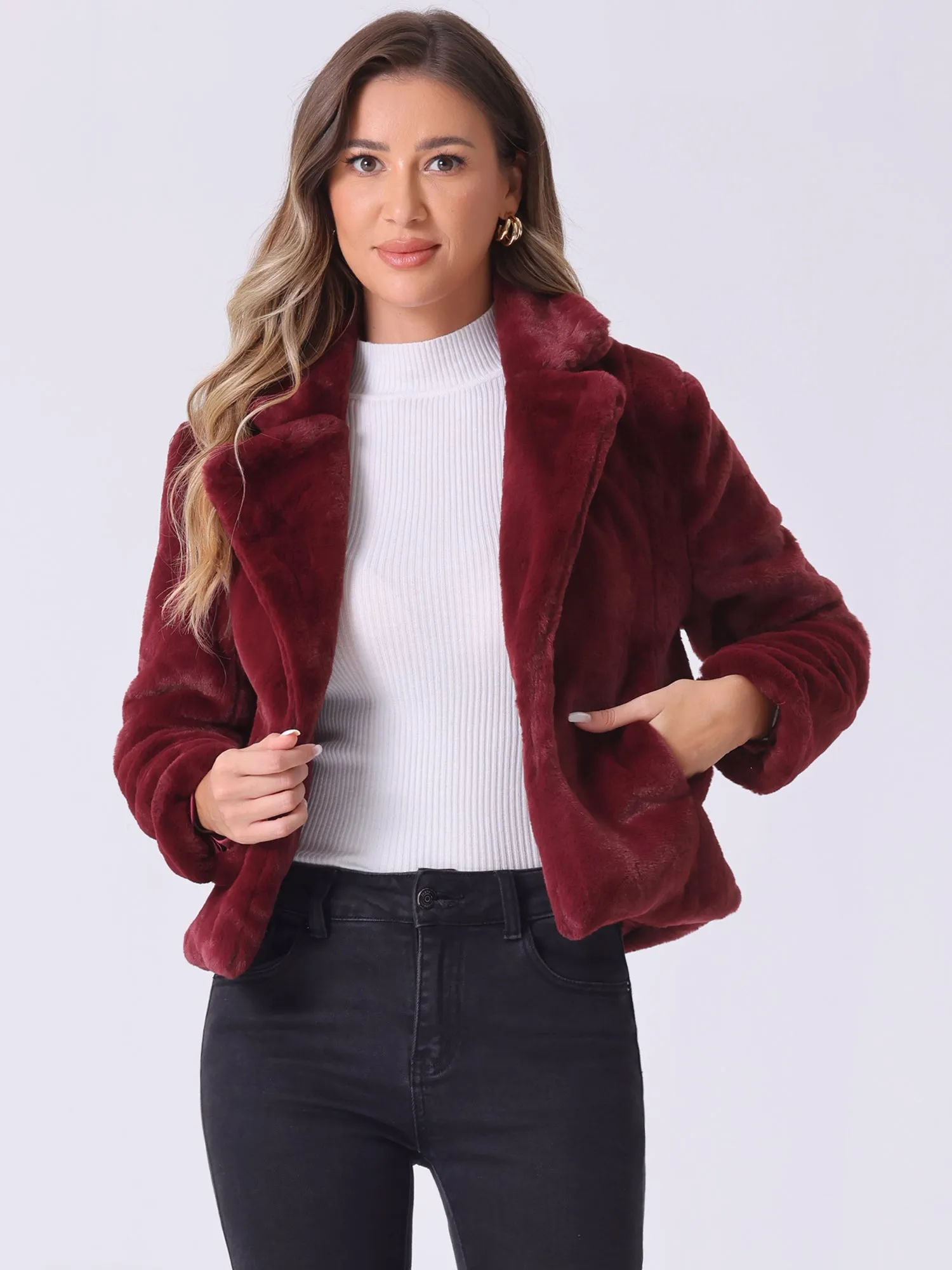 Autumn Winter Cropped Jacket Notch Lapel Faux Fur Fluffy Coat