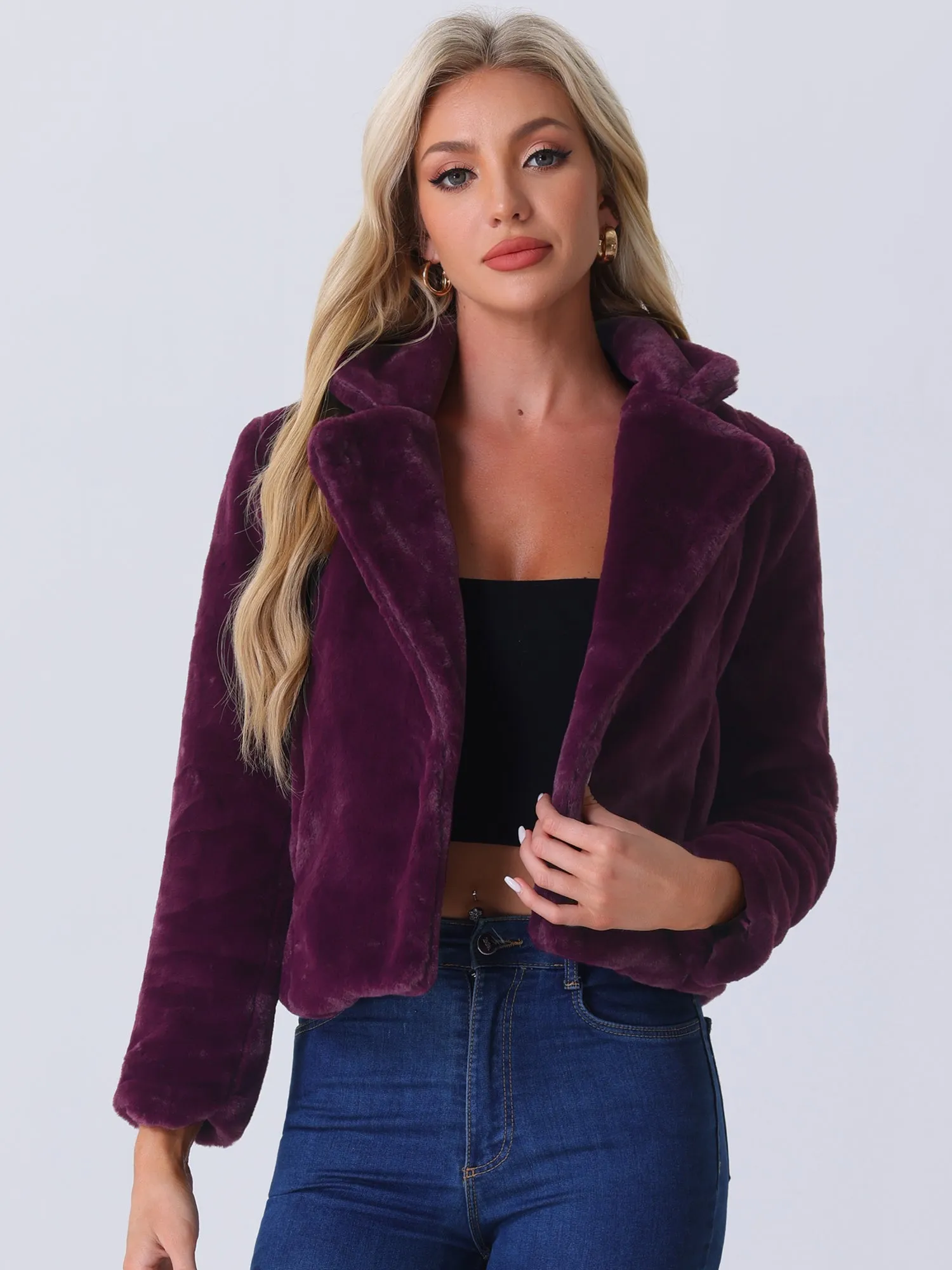 Autumn Winter Cropped Jacket Notch Lapel Faux Fur Fluffy Coat