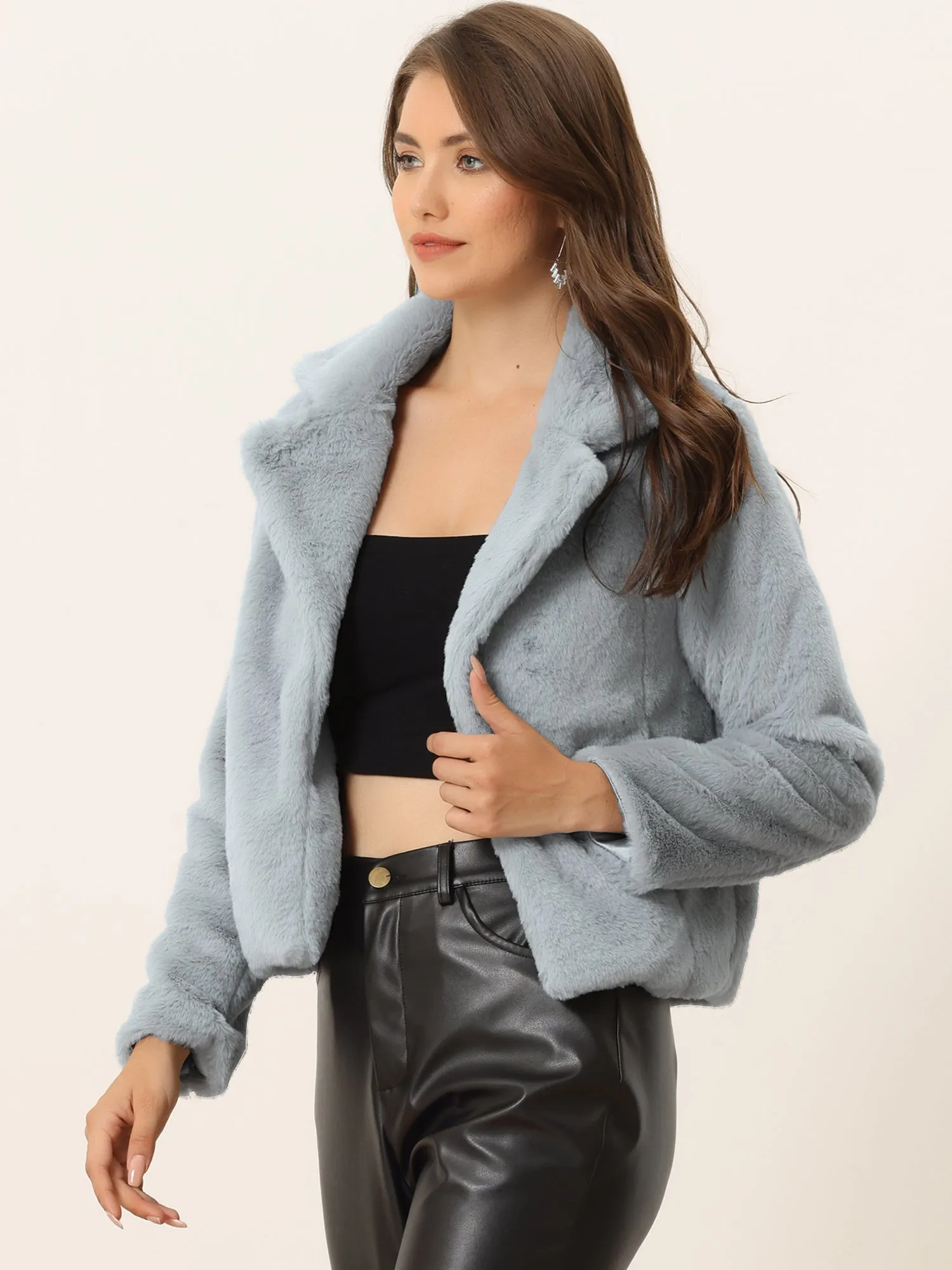 Autumn Winter Cropped Jacket Notch Lapel Faux Fur Fluffy Coat