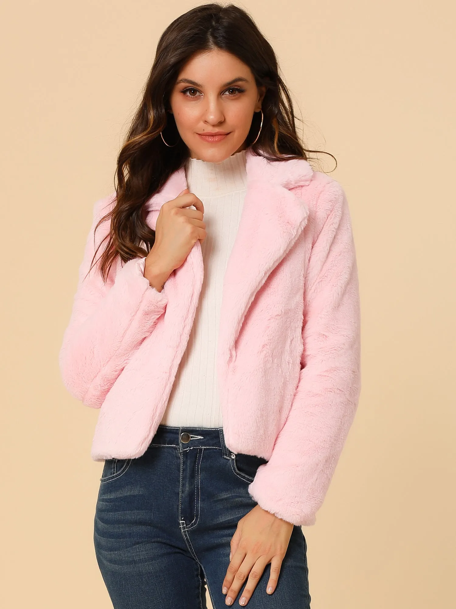 Autumn Winter Cropped Jacket Notch Lapel Faux Fur Fluffy Coat