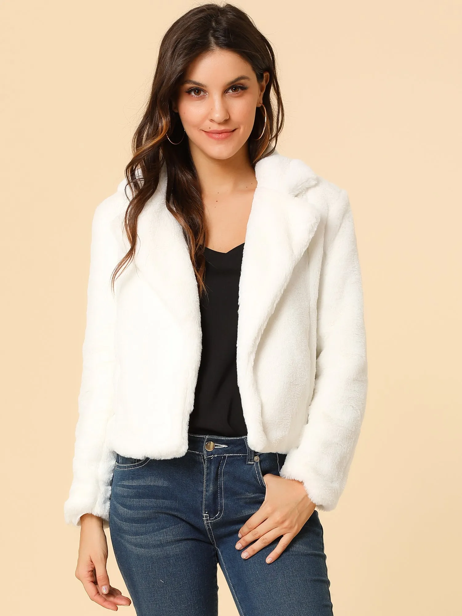 Autumn Winter Cropped Jacket Notch Lapel Faux Fur Fluffy Coat