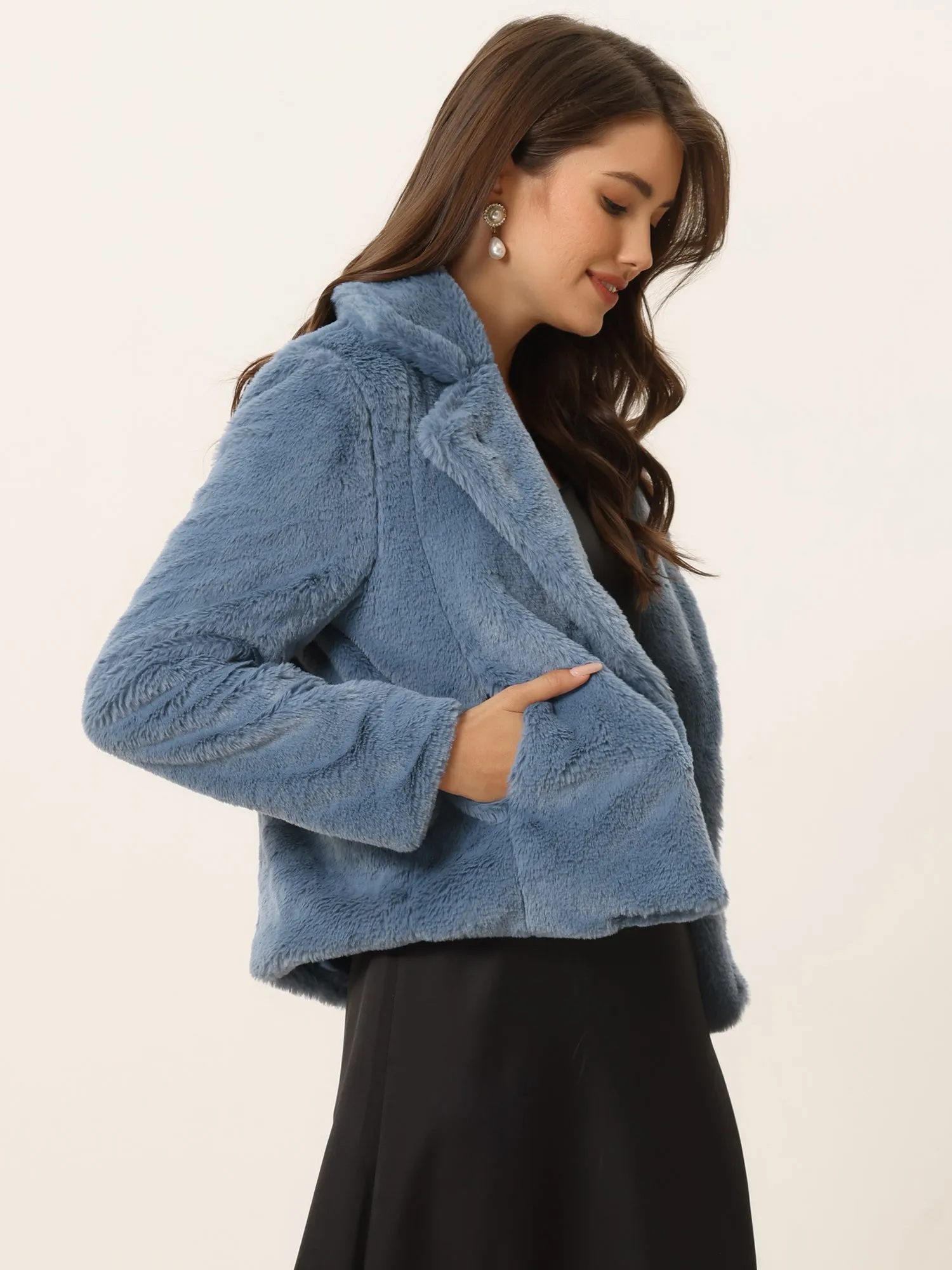 Autumn Winter Cropped Jacket Notch Lapel Faux Fur Fluffy Coat