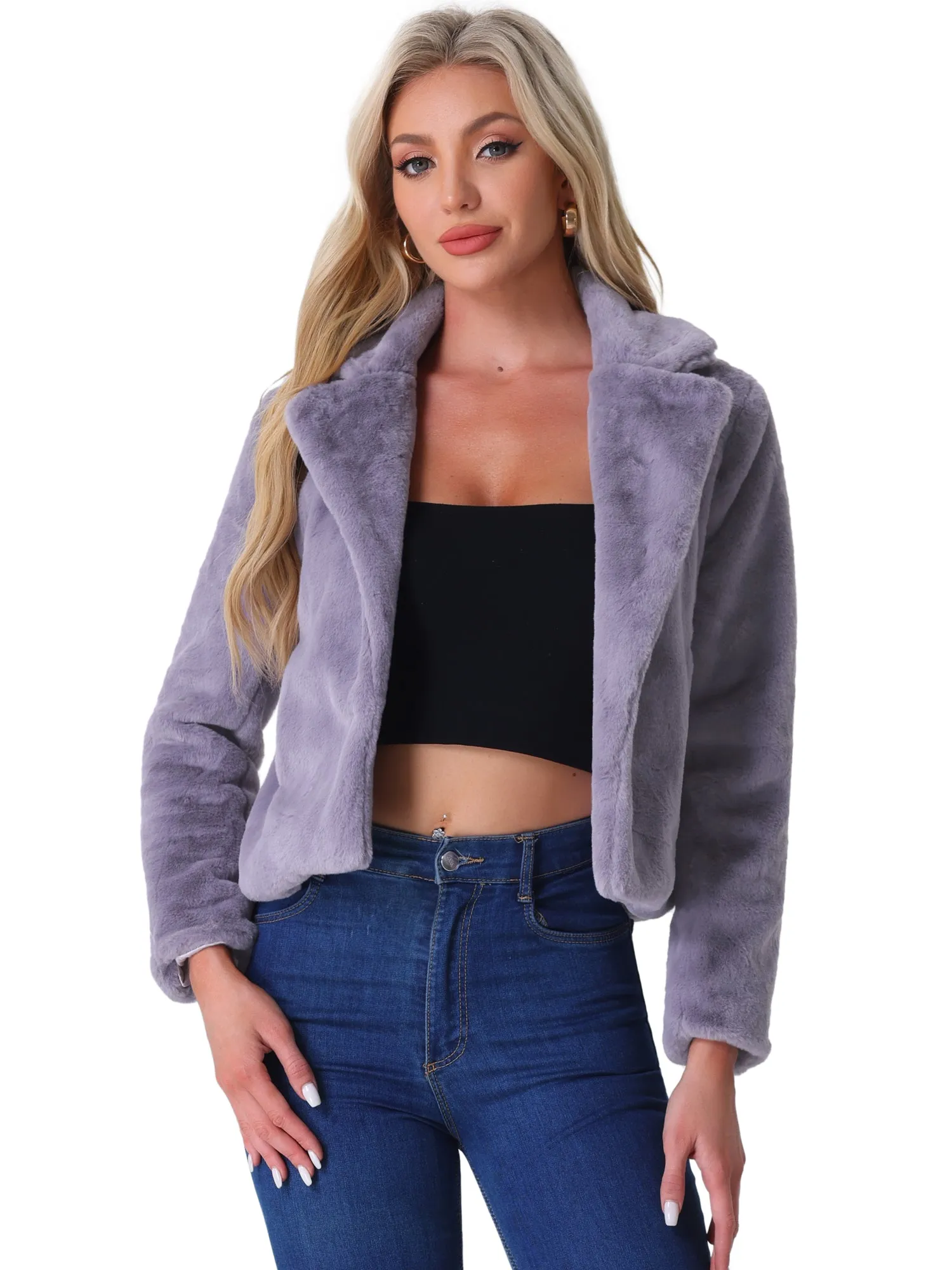 Autumn Winter Cropped Jacket Notch Lapel Faux Fur Fluffy Coat