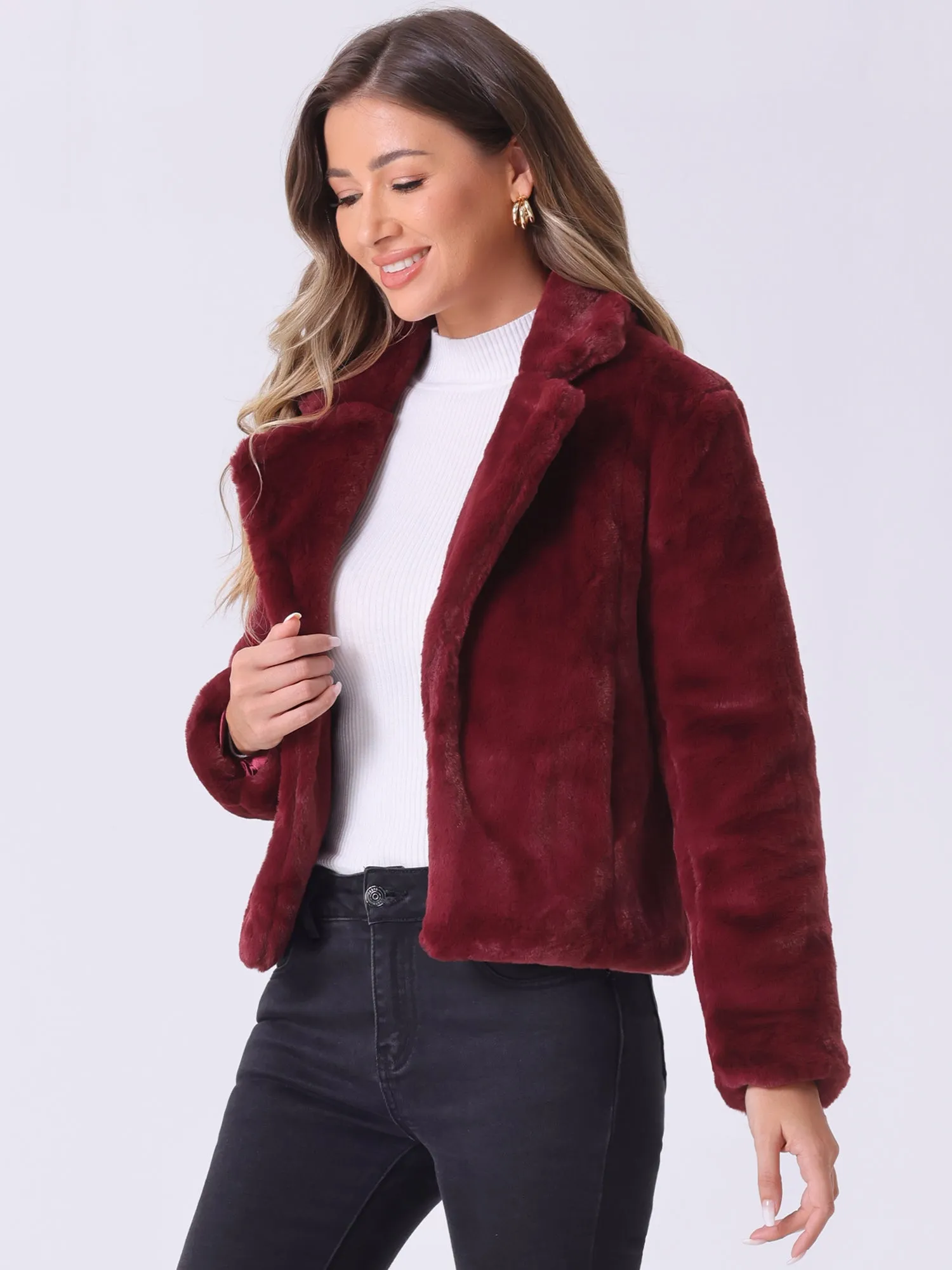 Autumn Winter Cropped Jacket Notch Lapel Faux Fur Fluffy Coat