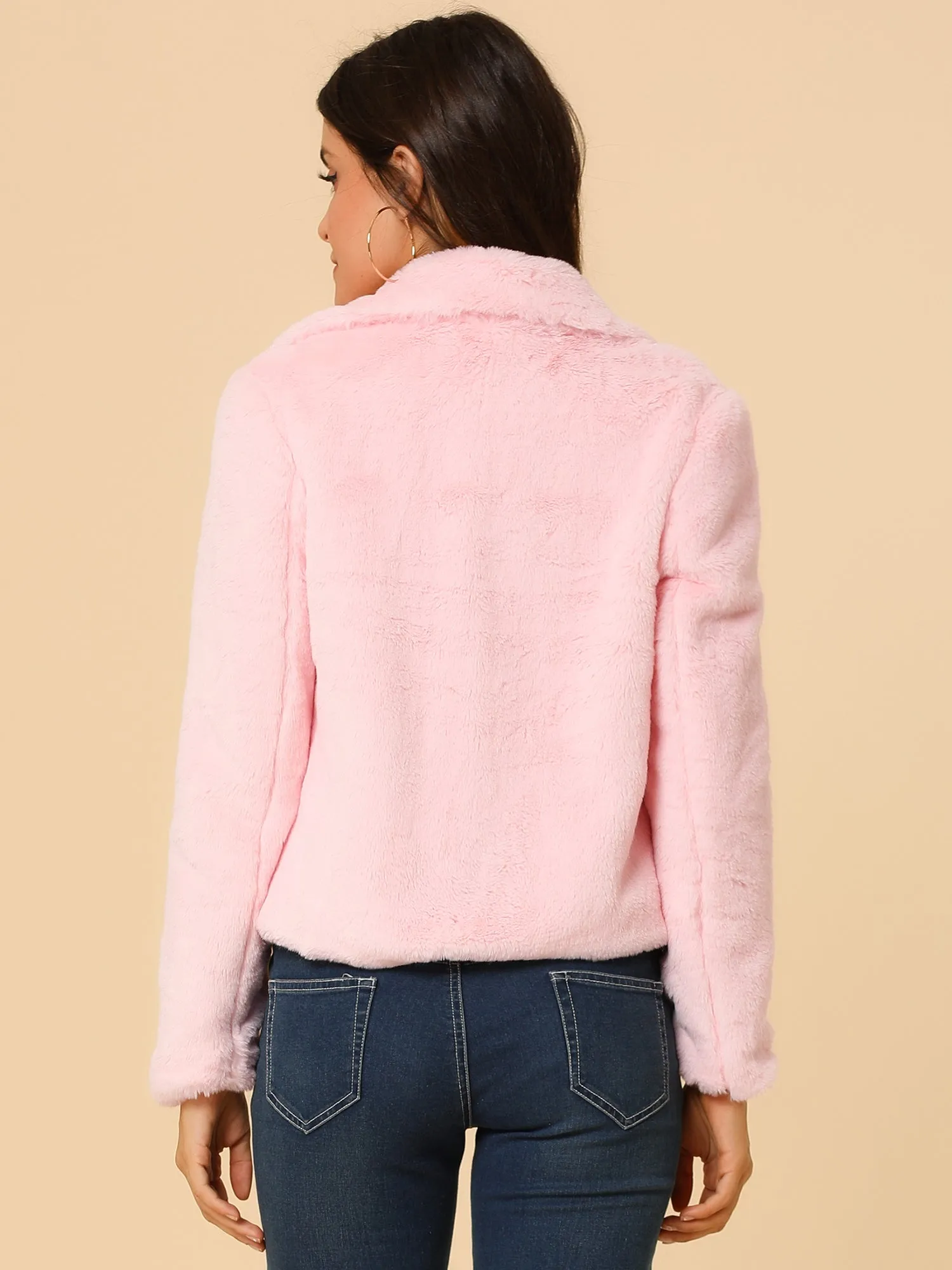 Autumn Winter Cropped Jacket Notch Lapel Faux Fur Fluffy Coat