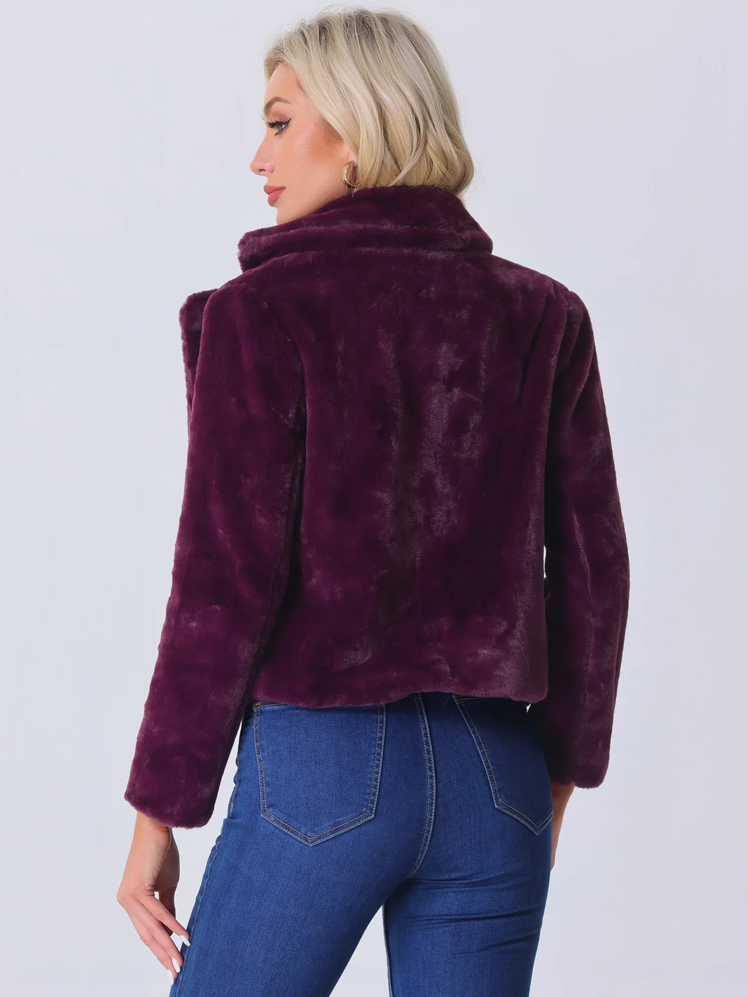 Autumn Winter Cropped Jacket Notch Lapel Faux Fur Fluffy Coat