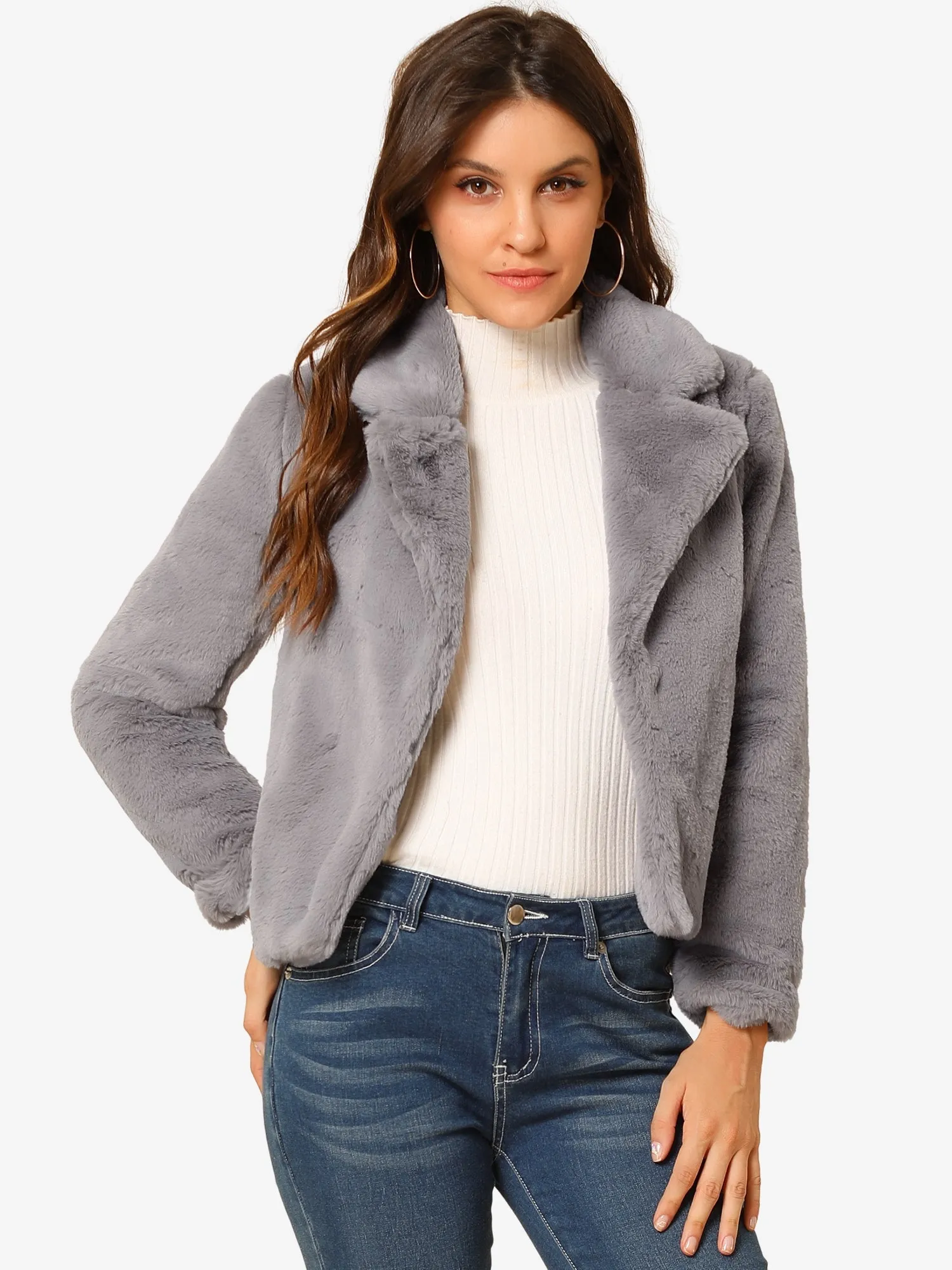 Autumn Winter Cropped Jacket Notch Lapel Faux Fur Fluffy Coat