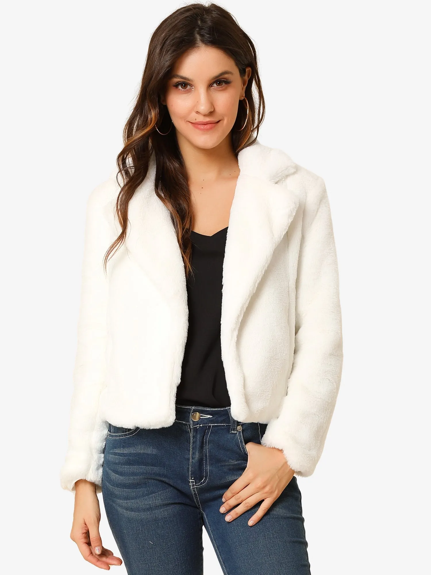 Autumn Winter Cropped Jacket Notch Lapel Faux Fur Fluffy Coat