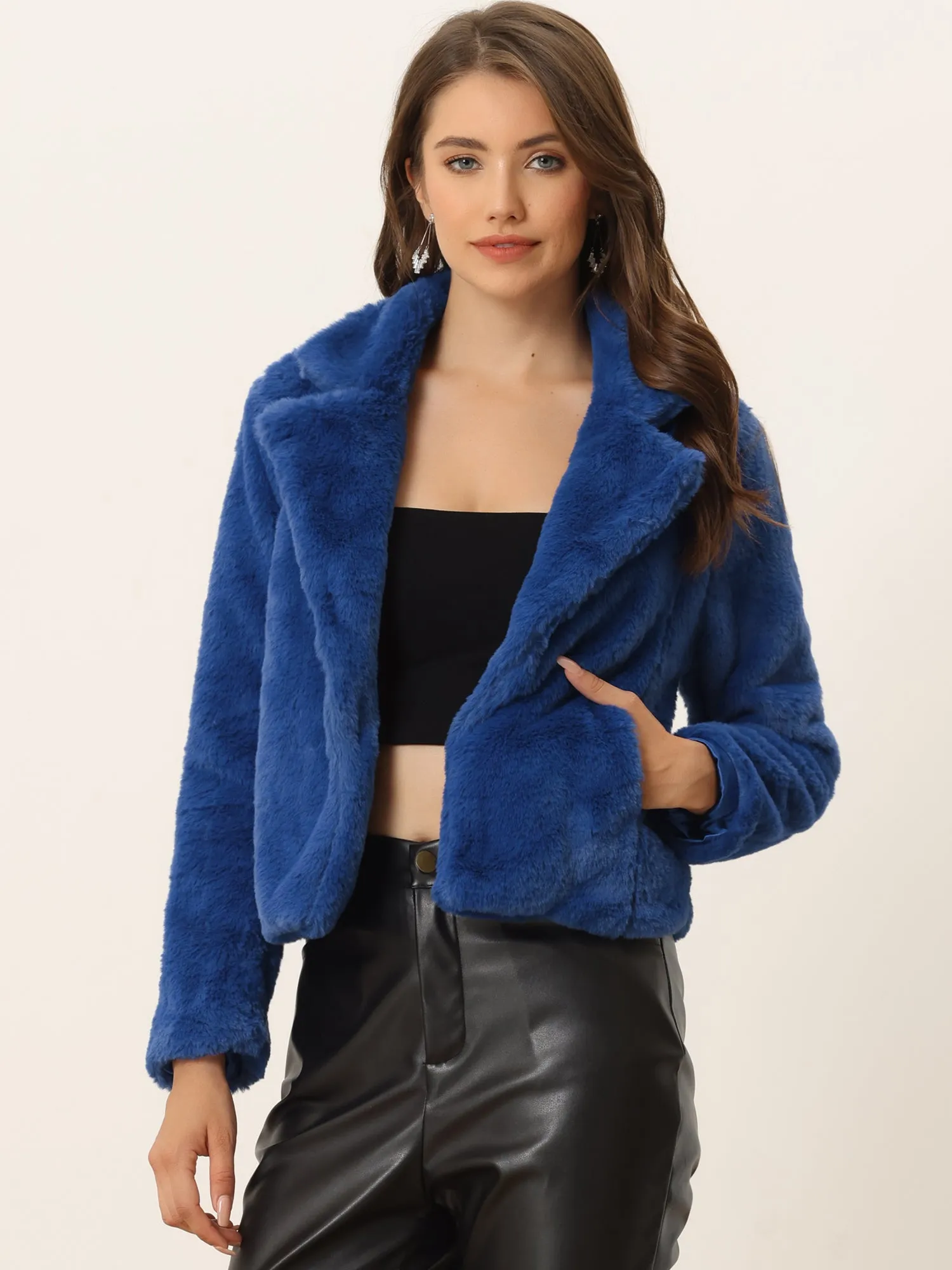 Autumn Winter Cropped Jacket Notch Lapel Faux Fur Fluffy Coat