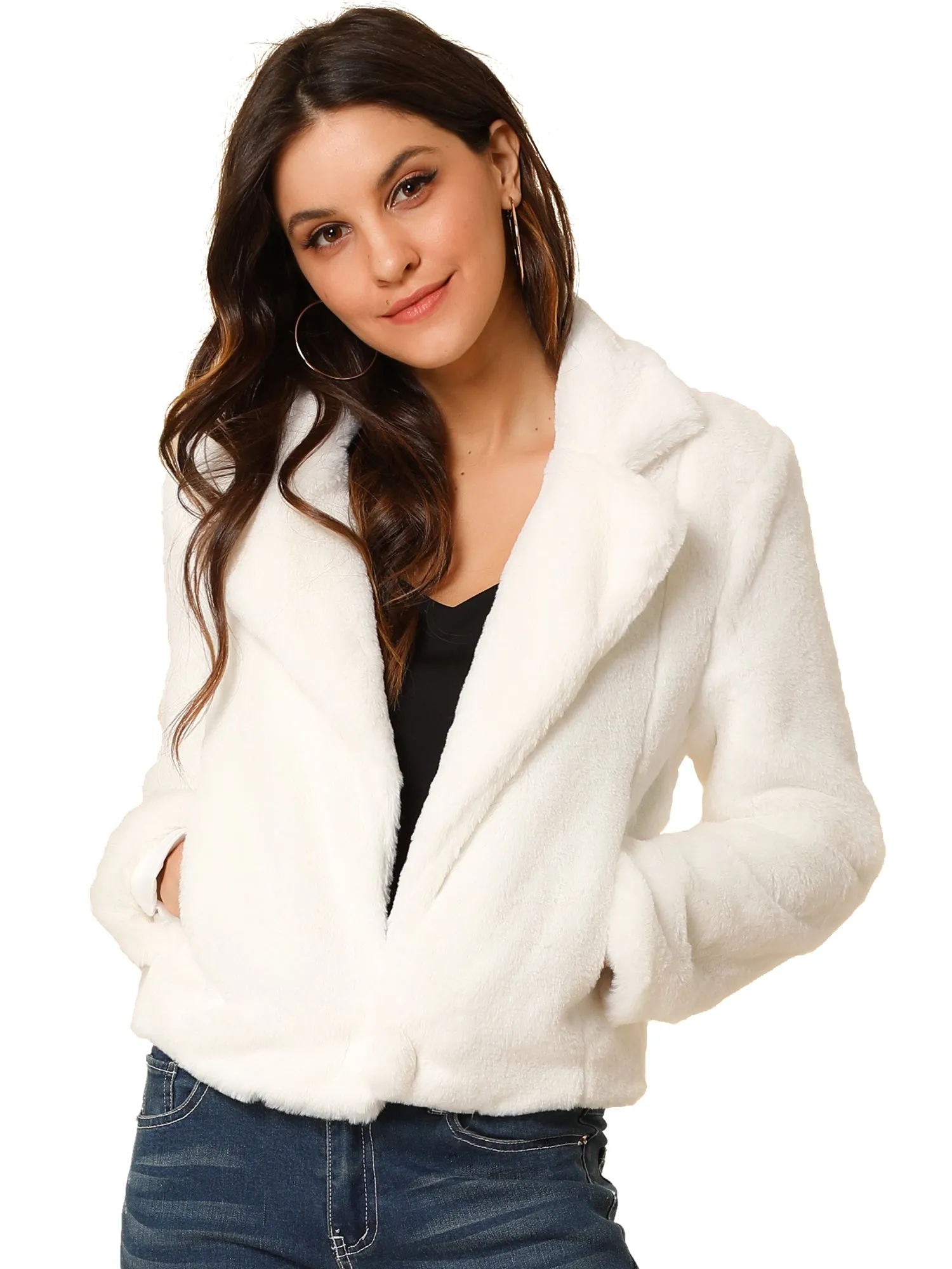 Autumn Winter Cropped Jacket Notch Lapel Faux Fur Fluffy Coat