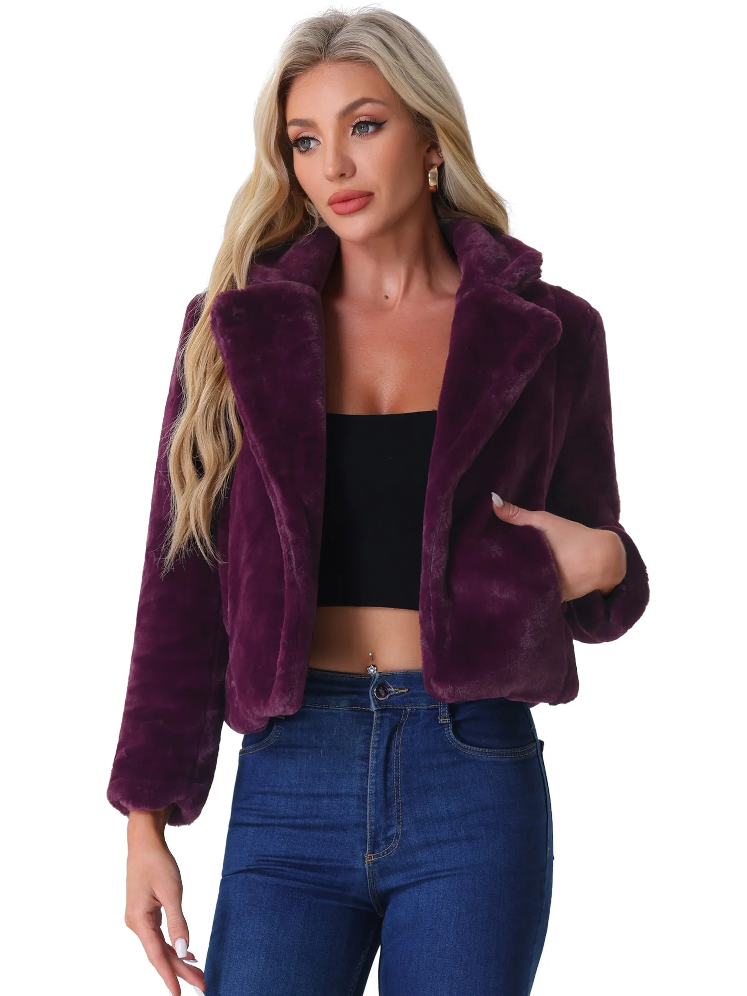 Autumn Winter Cropped Jacket Notch Lapel Faux Fur Fluffy Coat