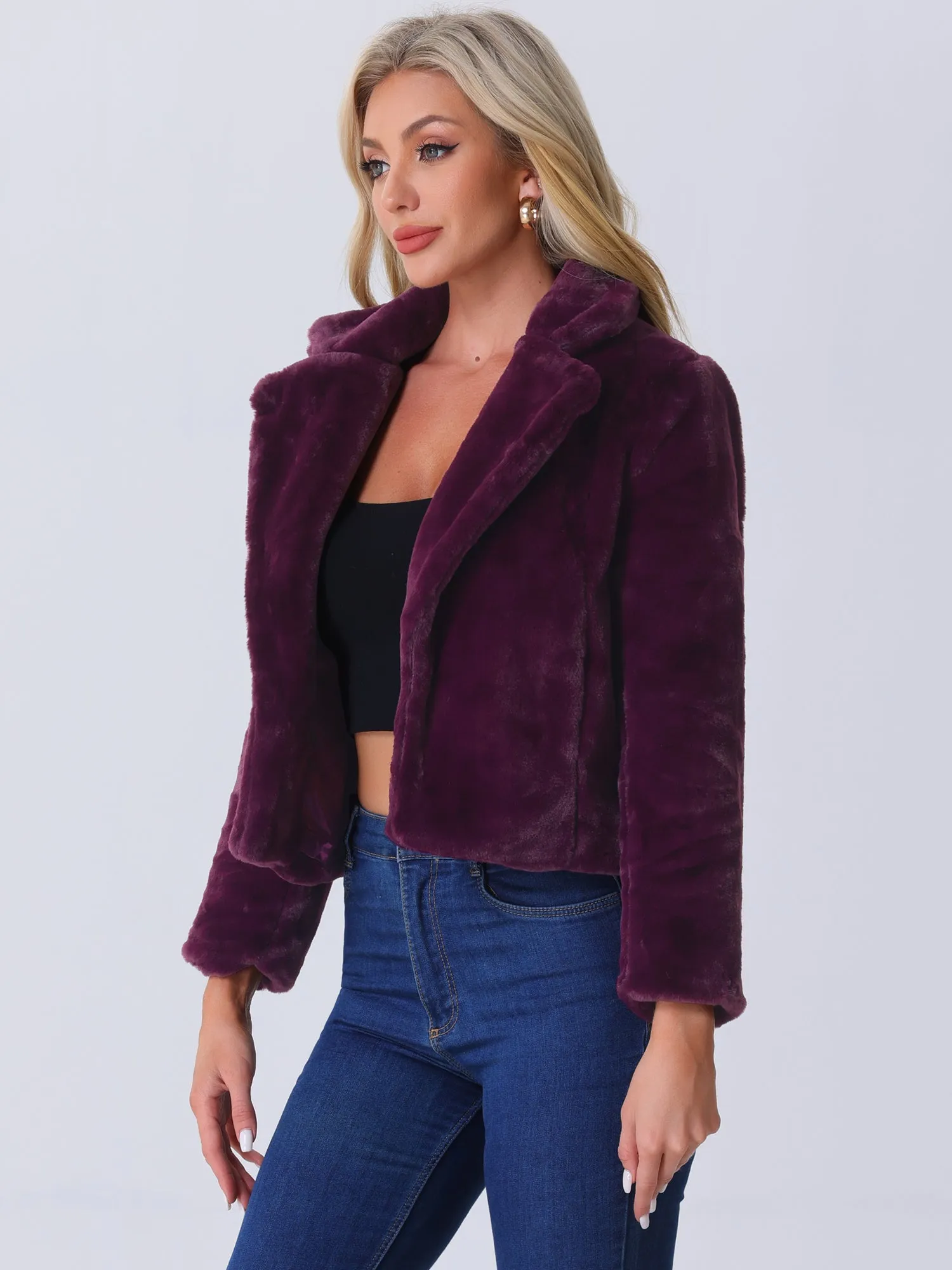 Autumn Winter Cropped Jacket Notch Lapel Faux Fur Fluffy Coat