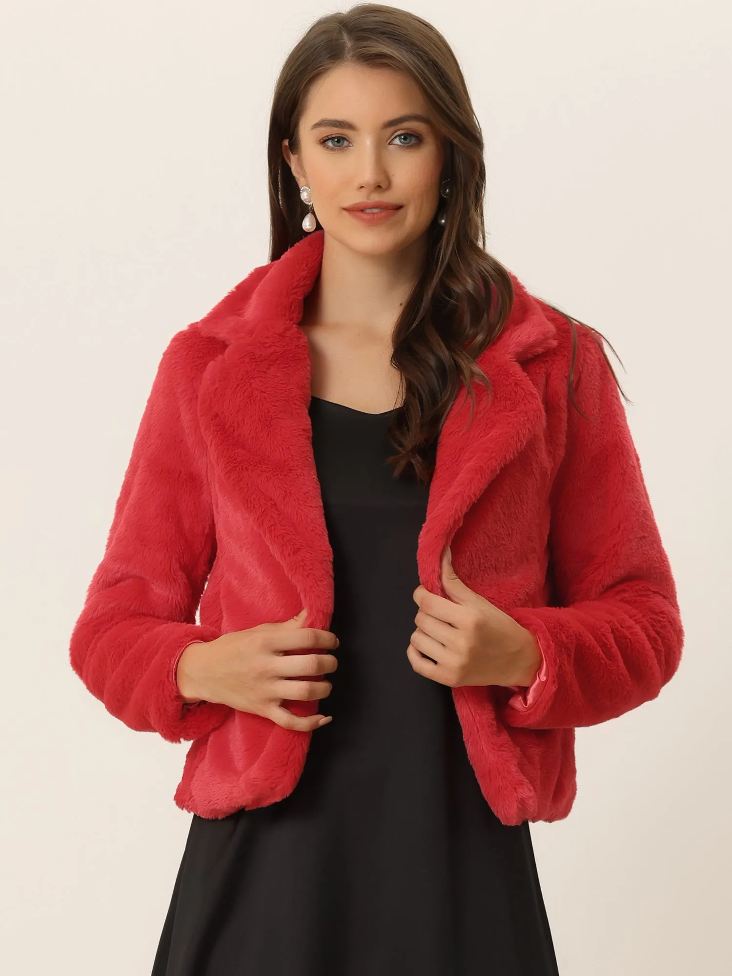 Autumn Winter Cropped Jacket Notch Lapel Faux Fur Fluffy Coat