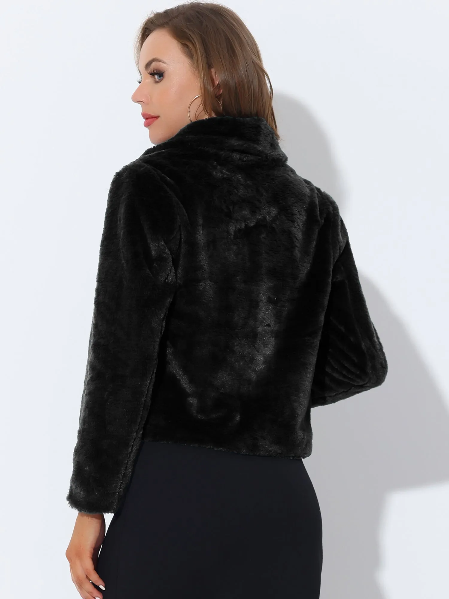 Autumn Winter Cropped Jacket Notch Lapel Faux Fur Fluffy Coat