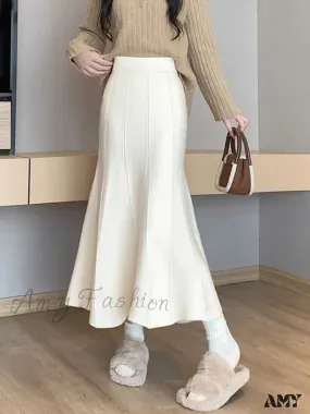 Autumn Winter Knitted Long Korean Fashion Temperament Elegant High Waist Solid Slim Black Fishtail Skirt