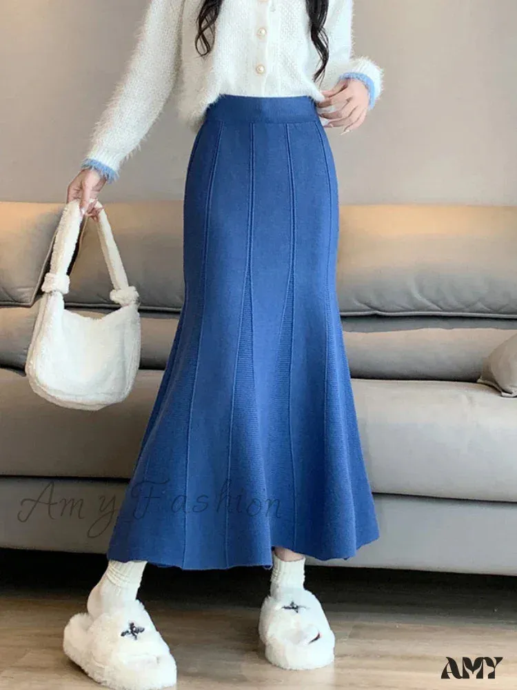 Autumn Winter Knitted Long Korean Fashion Temperament Elegant High Waist Solid Slim Black Fishtail Skirt