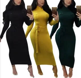 Bandage High Neck Collar Long Sleeve Bodycon Dresses