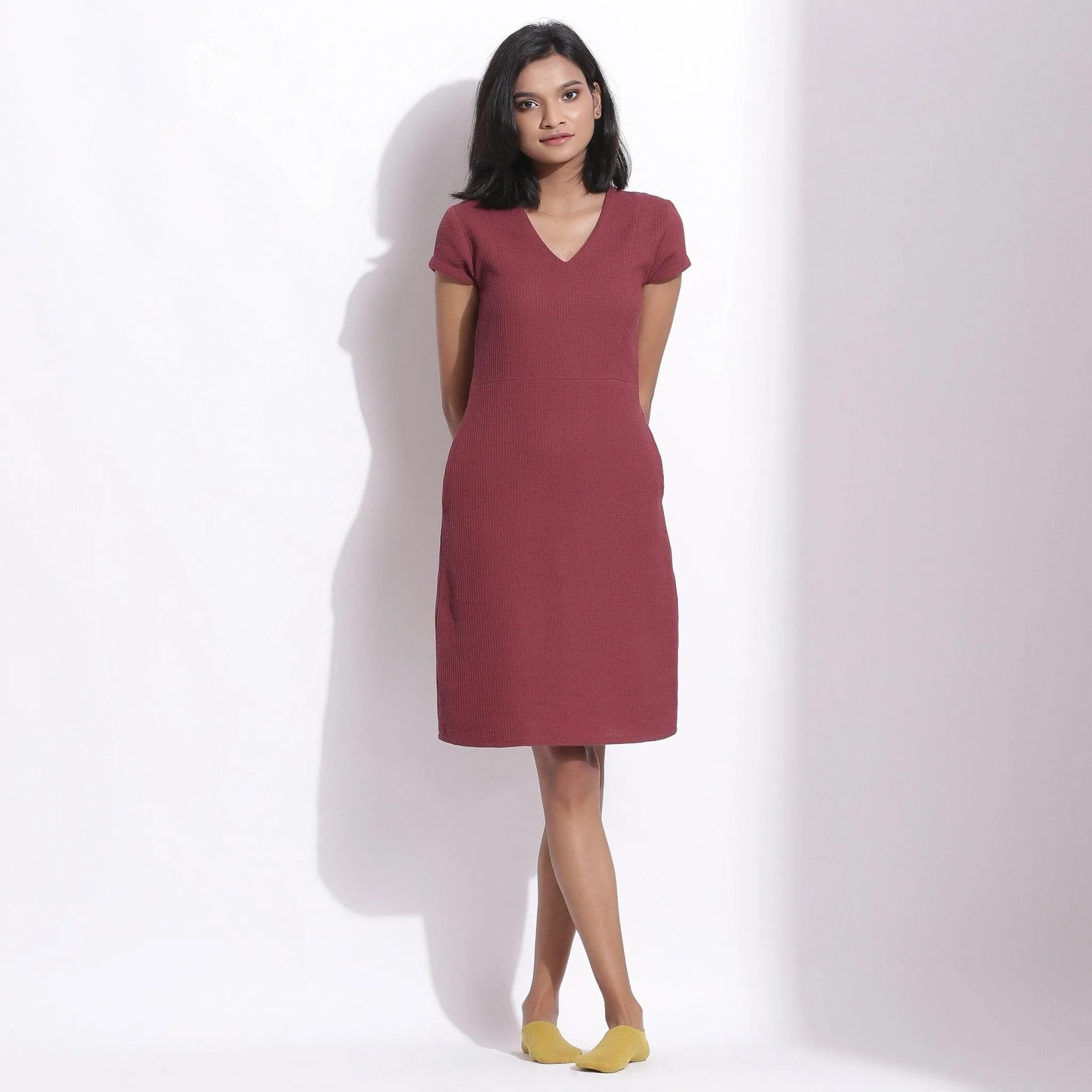 Barn Red Warm Cotton Waffle Knee Length Paneled Dress