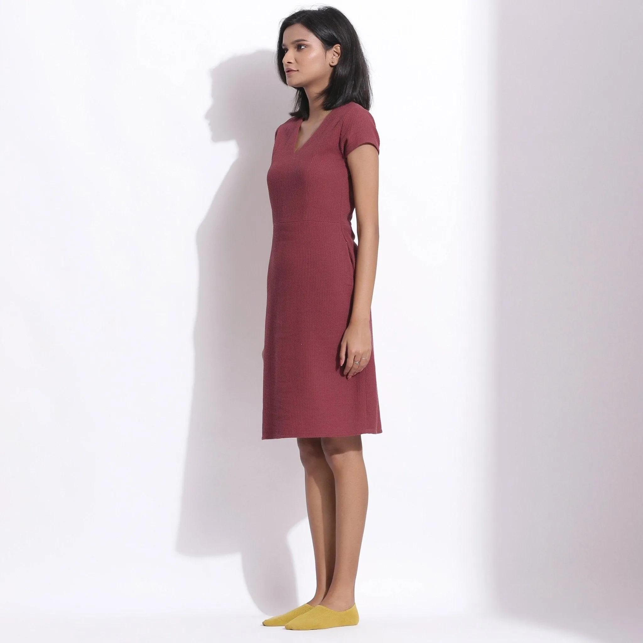 Barn Red Warm Cotton Waffle Knee Length Paneled Dress