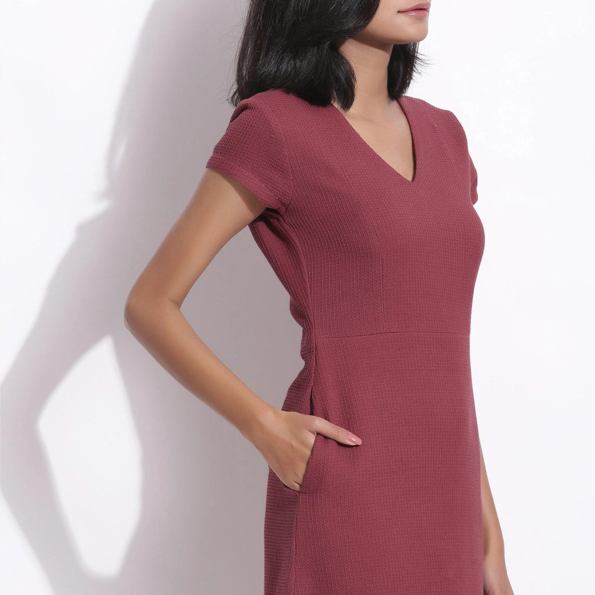 Barn Red Warm Cotton Waffle Knee Length Paneled Dress