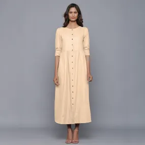 Beige Warm Cotton Flannel Gathered Maxi Dress