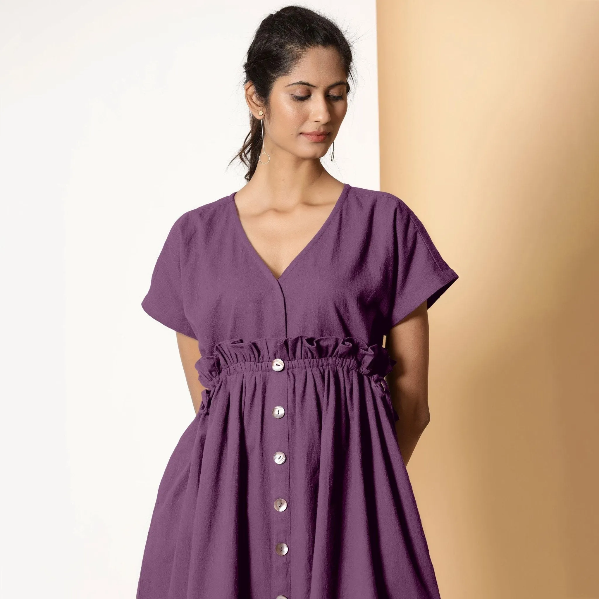 Berry Wine Warm Cotton Flannel Knee Length Frilled Dress