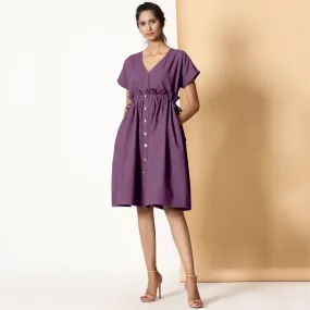 Berry Wine Warm Cotton Flannel Knee Length Frilled Dress