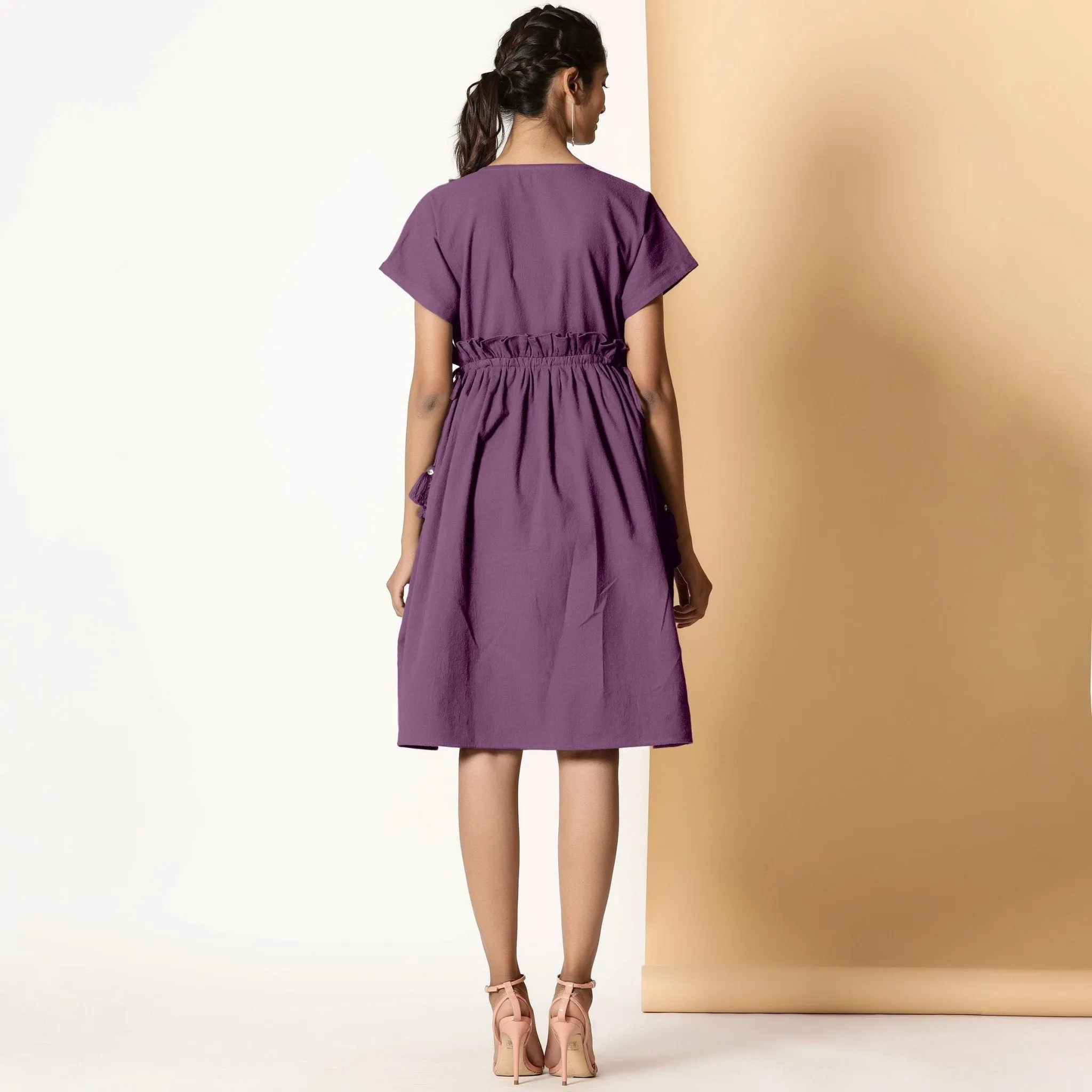 Berry Wine Warm Cotton Flannel Knee Length Frilled Dress