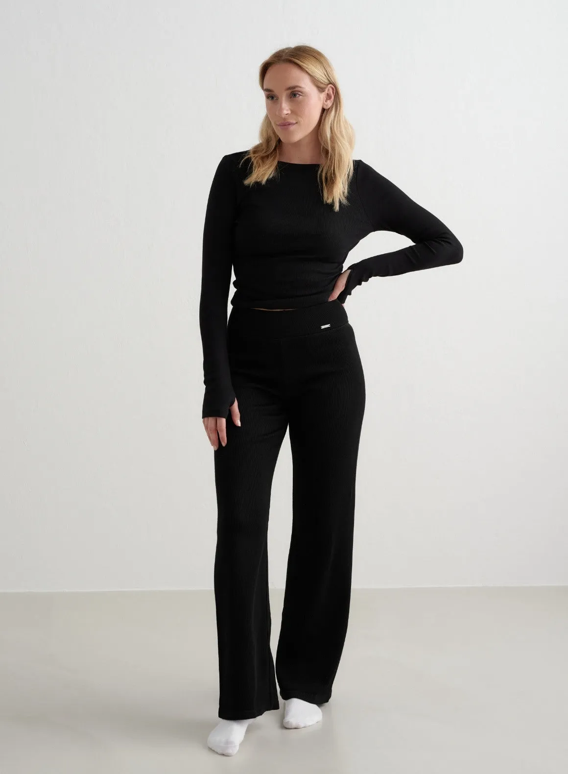 Black Ribbed Wool Wide Pants