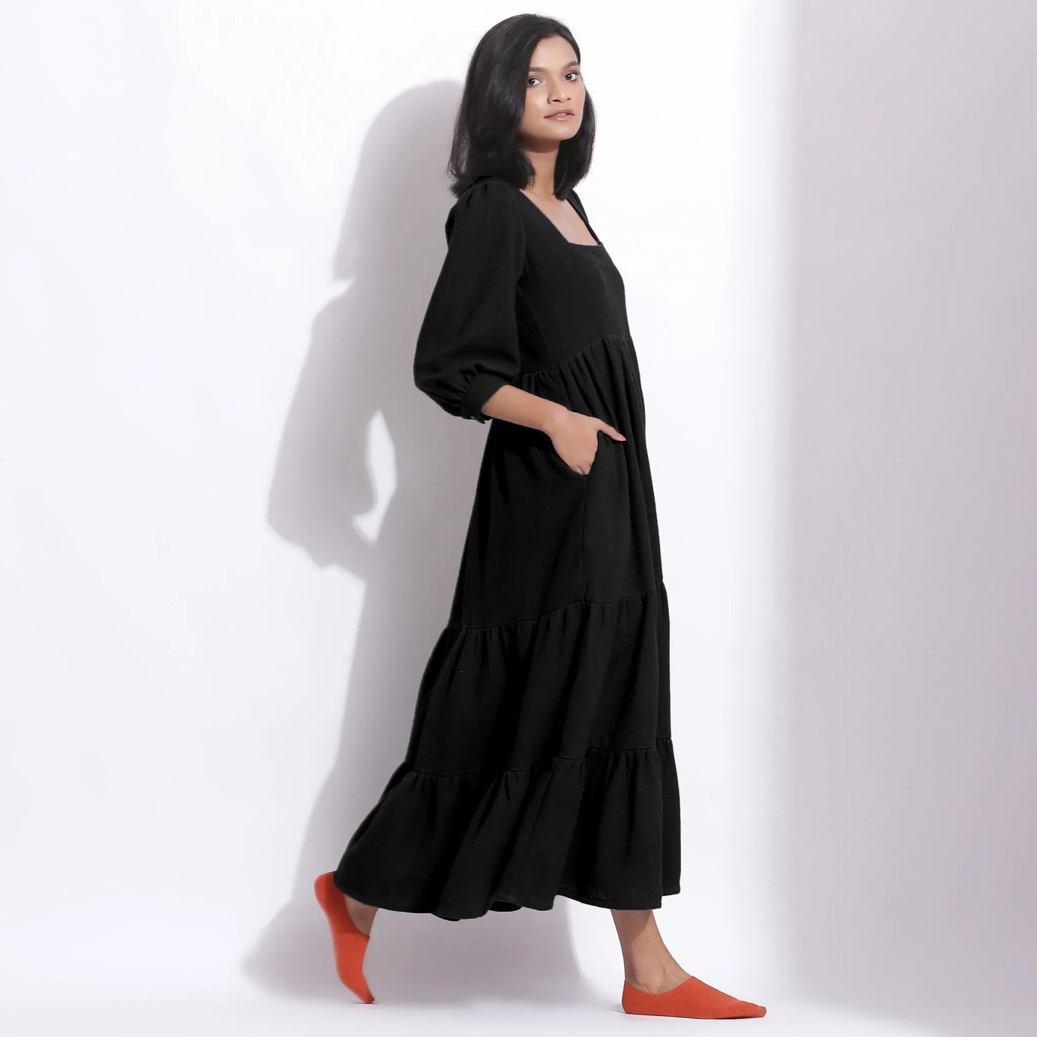 Black Warm Cotton Waffle Tier Maxi Dress