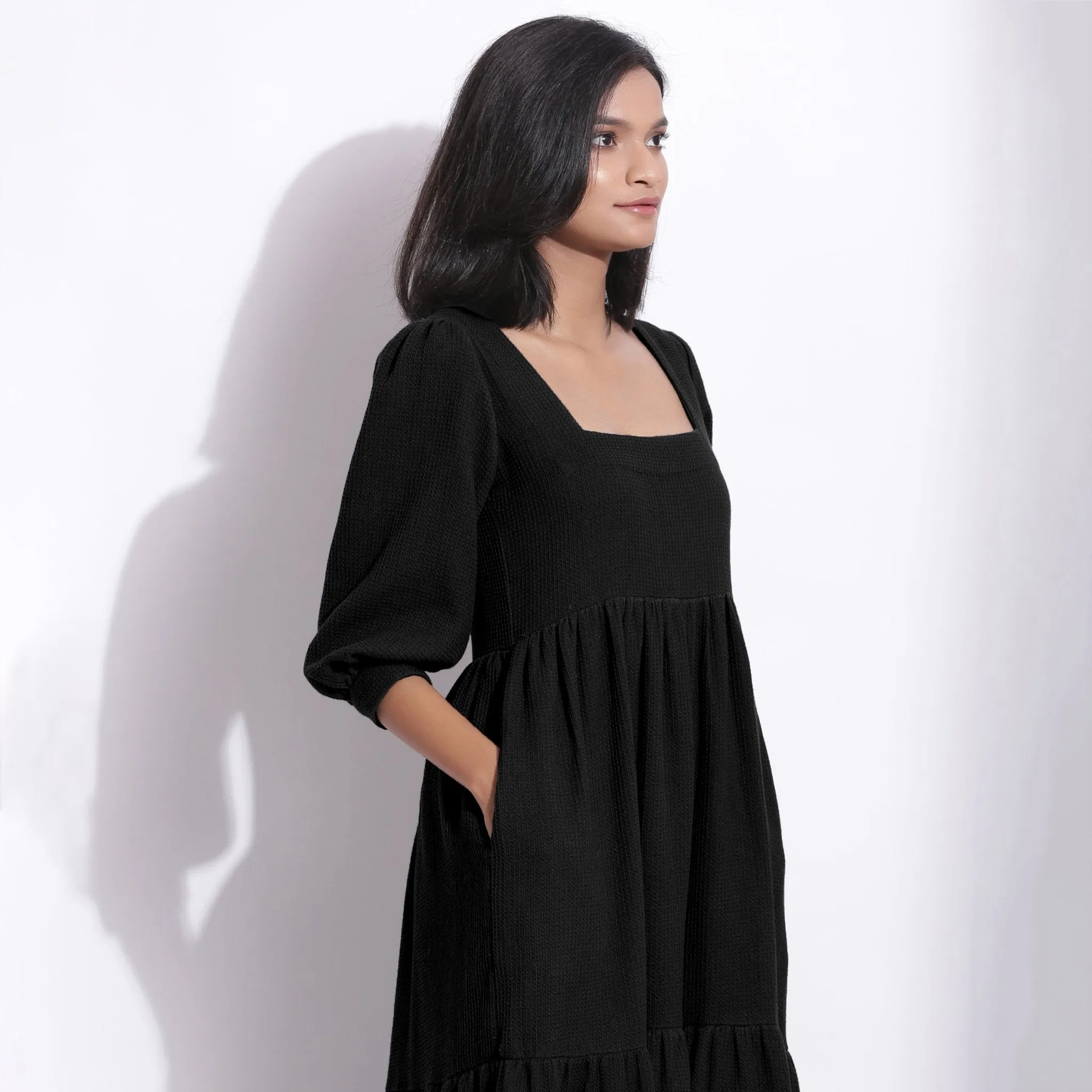 Black Warm Cotton Waffle Tier Maxi Dress