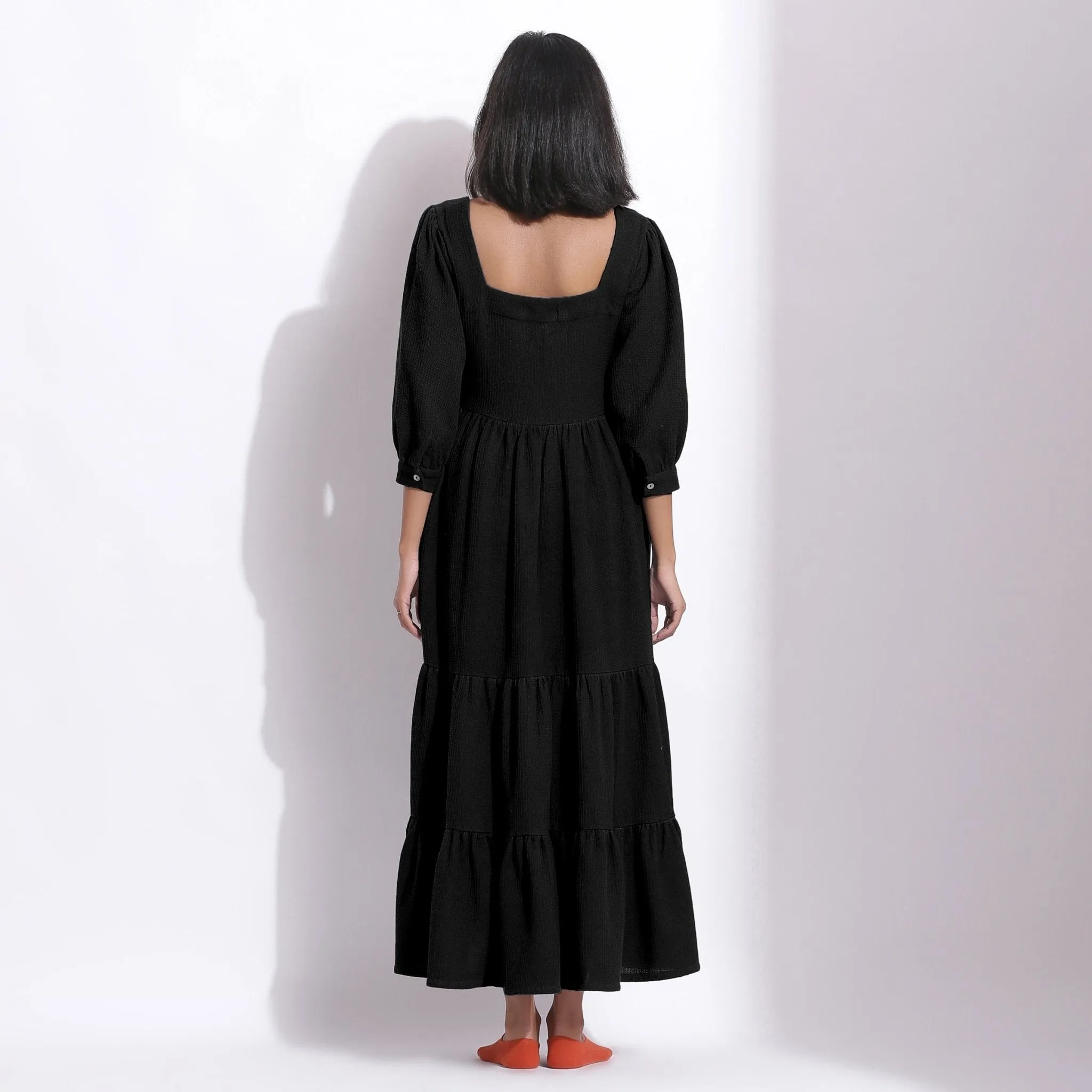 Black Warm Cotton Waffle Tier Maxi Dress