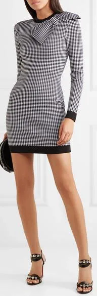 Bow-Embellished Gingham Stretch-Knit Mini Dress