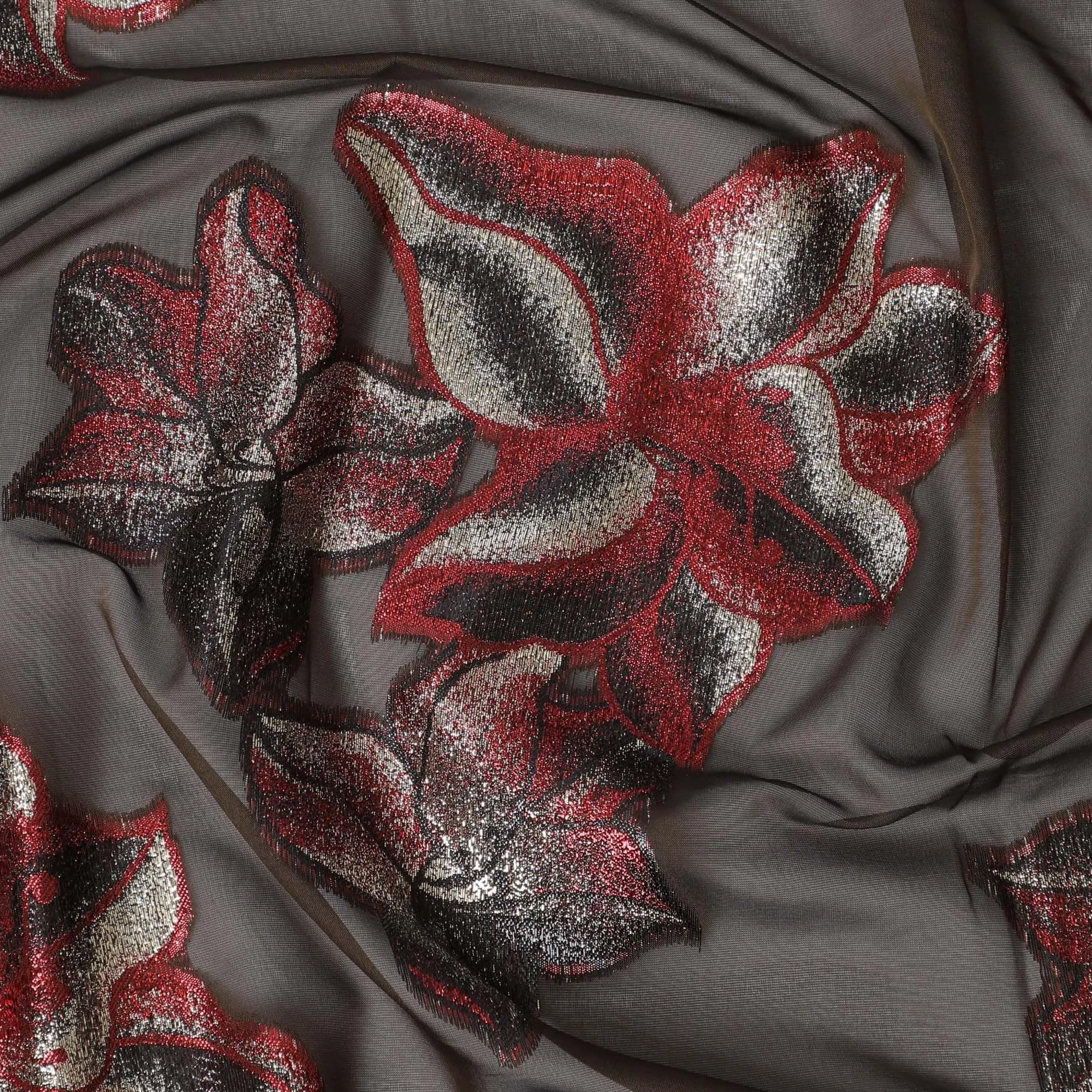 Brown Premium pure silk (Dirac) chiffon fabric with crimson red, gold and black metallic lurex in fancy design-D13407