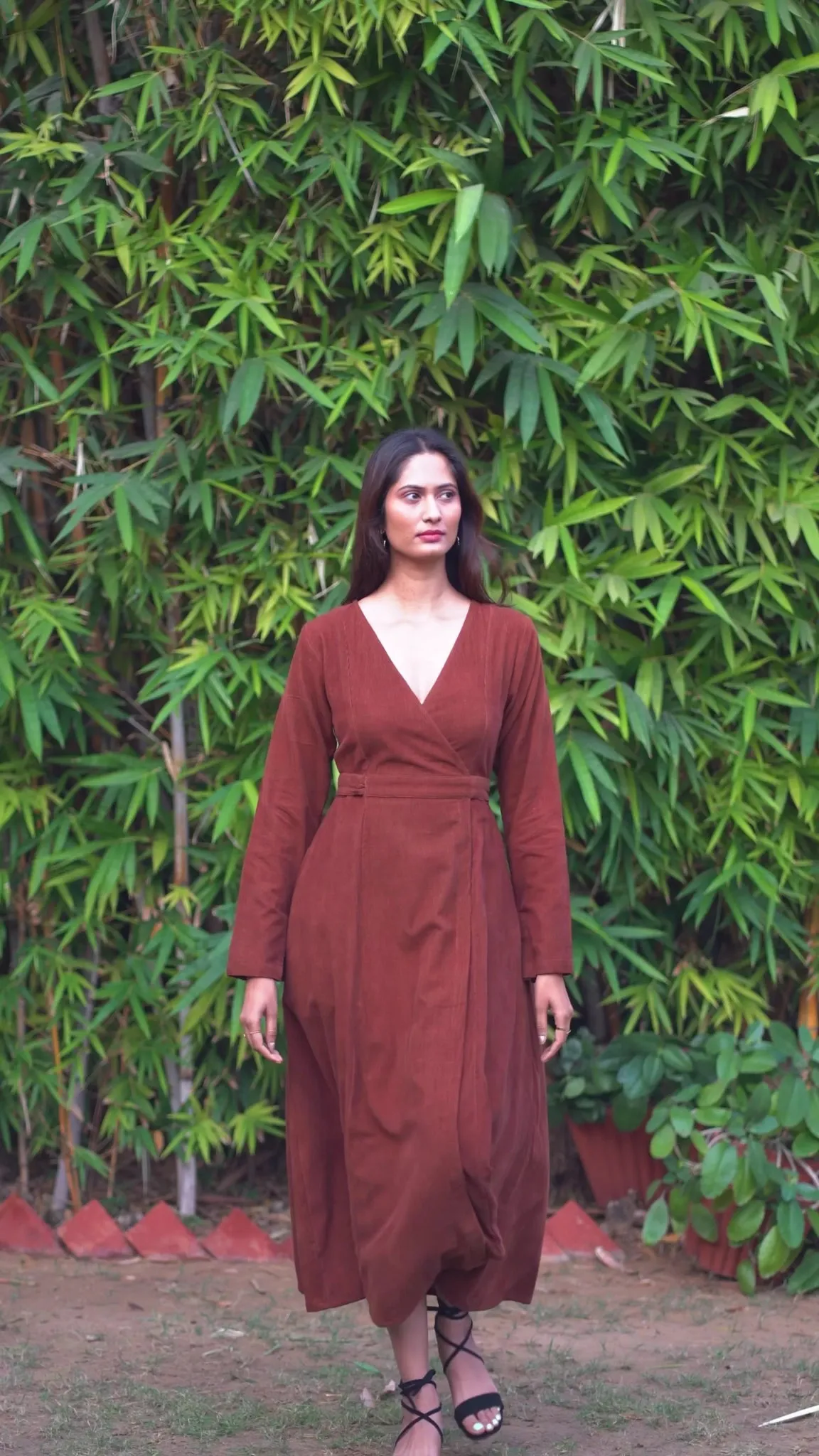 Brown Warm Cotton Corduroy Deep Neck Midi Wrap Dress