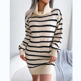 Casual Striped High Neck Pullover Long-Sleeved Knitted Dress Wholesale Dresses