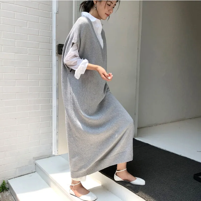 Chic Winter Oversize Straight Sleeveless Sweater Dress