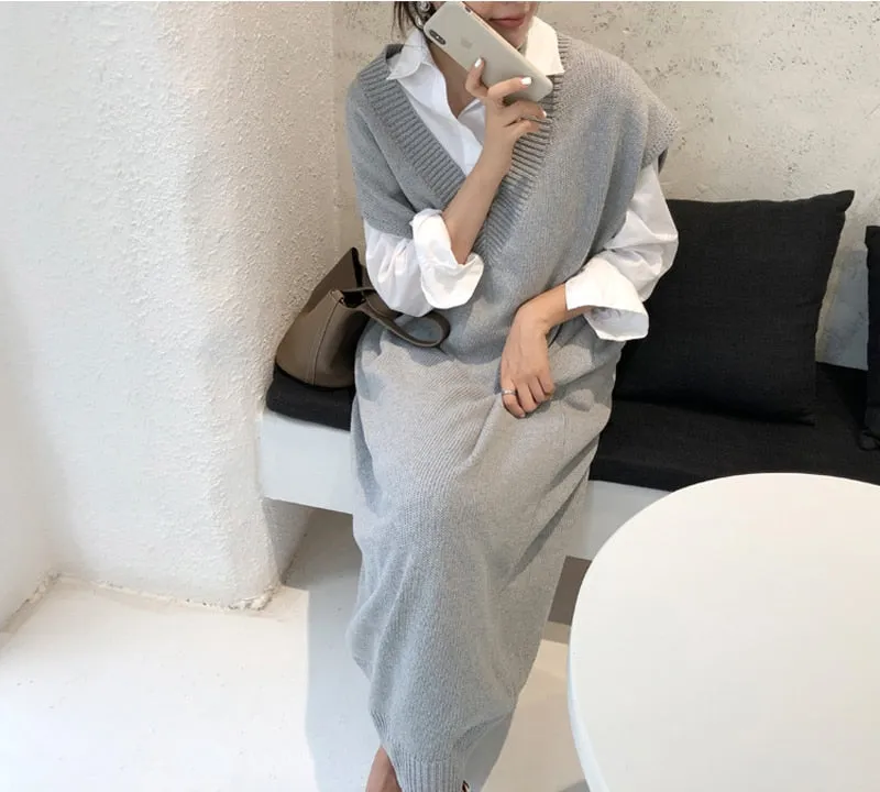 Chic Winter Oversize Straight Sleeveless Sweater Dress